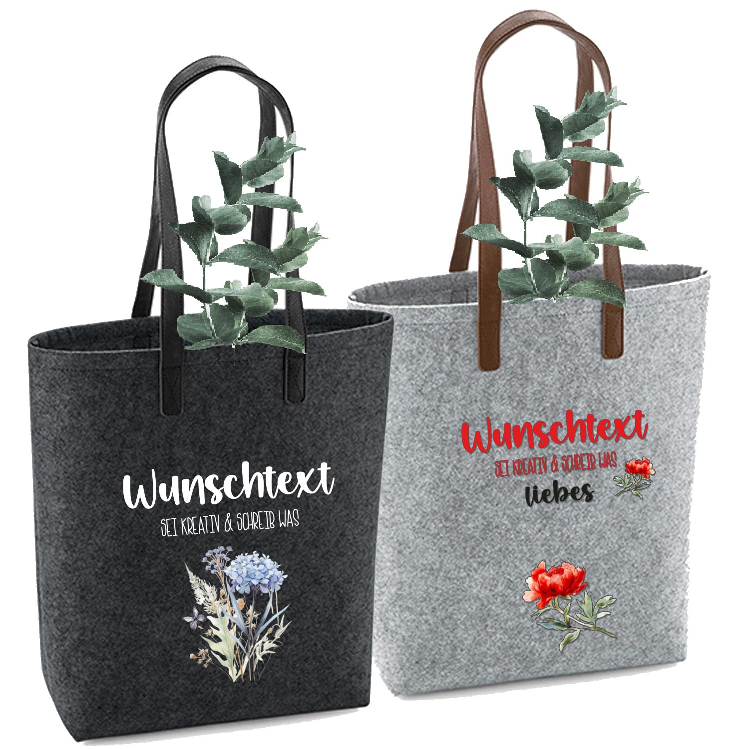 Schale Filztasche PU Ledergriffe Stick & Druck "Wunschtext" | Einkaufstasche Shopper dunkelgrau & hellgrau