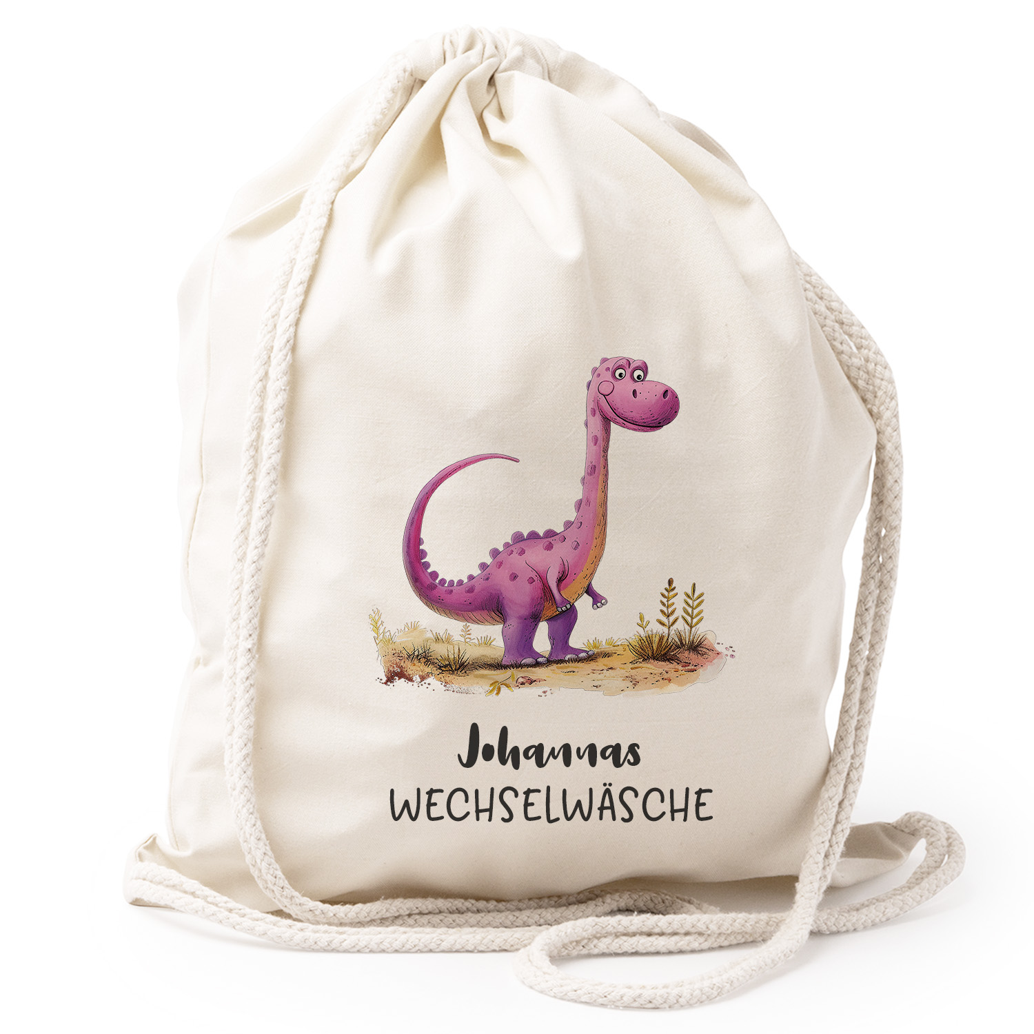 Turnbeutel Rucksack beige Nachhaltig Tasche Motiv: Dino lila personalisiert 