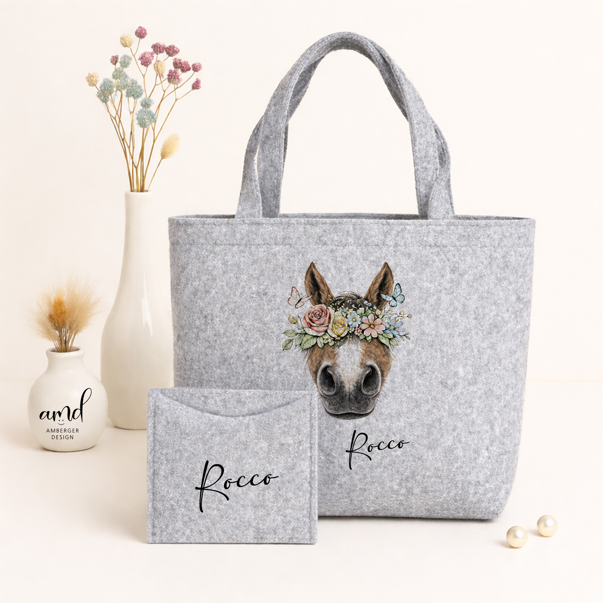 Filztasche nachhaltiger Shopper inkl. Innentasche bedruckt Tiername | Pferdekopf personalisiert