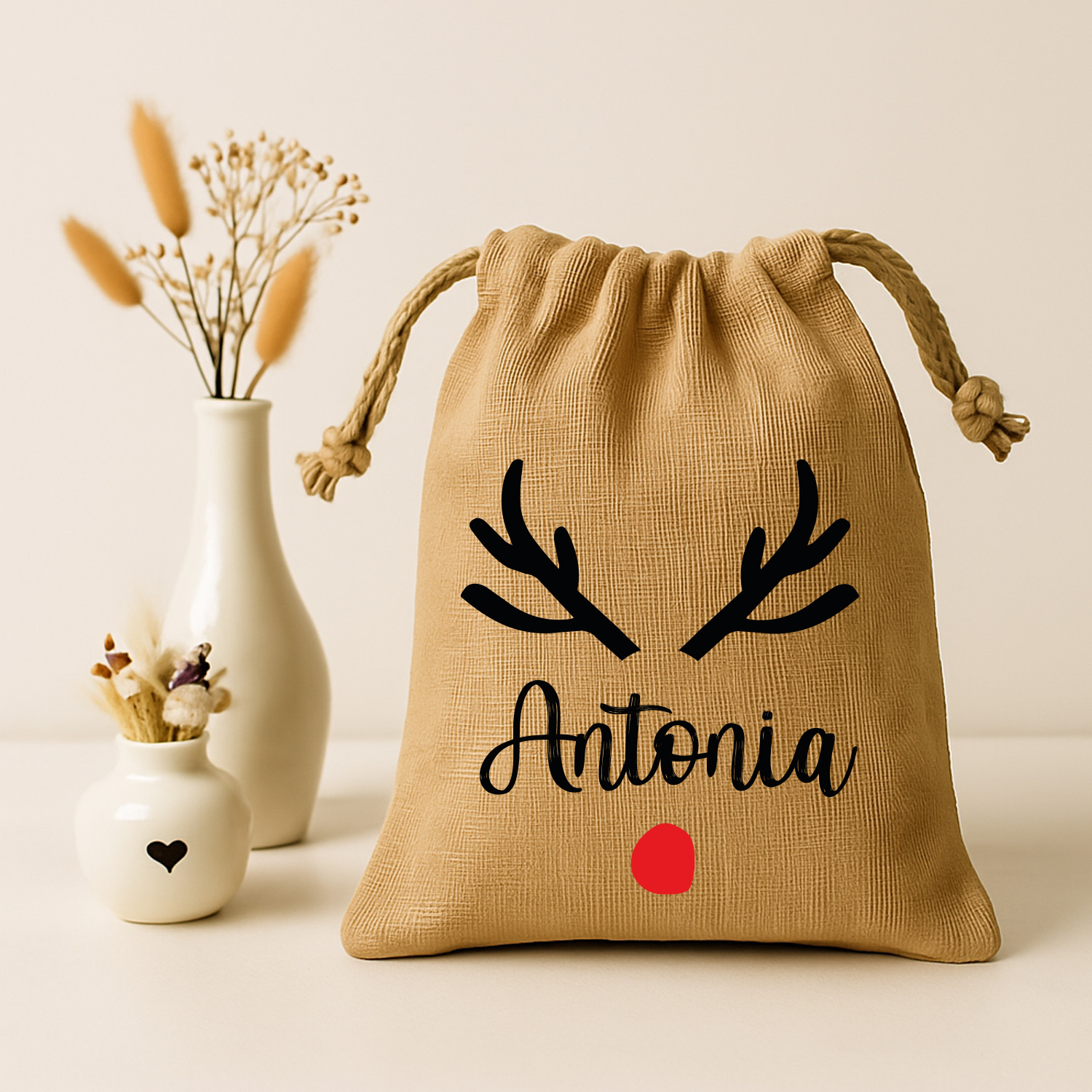 Jute-Nikolaussäckchen  Hirsch Geweih mit roter Nase und Wunschname | S - L