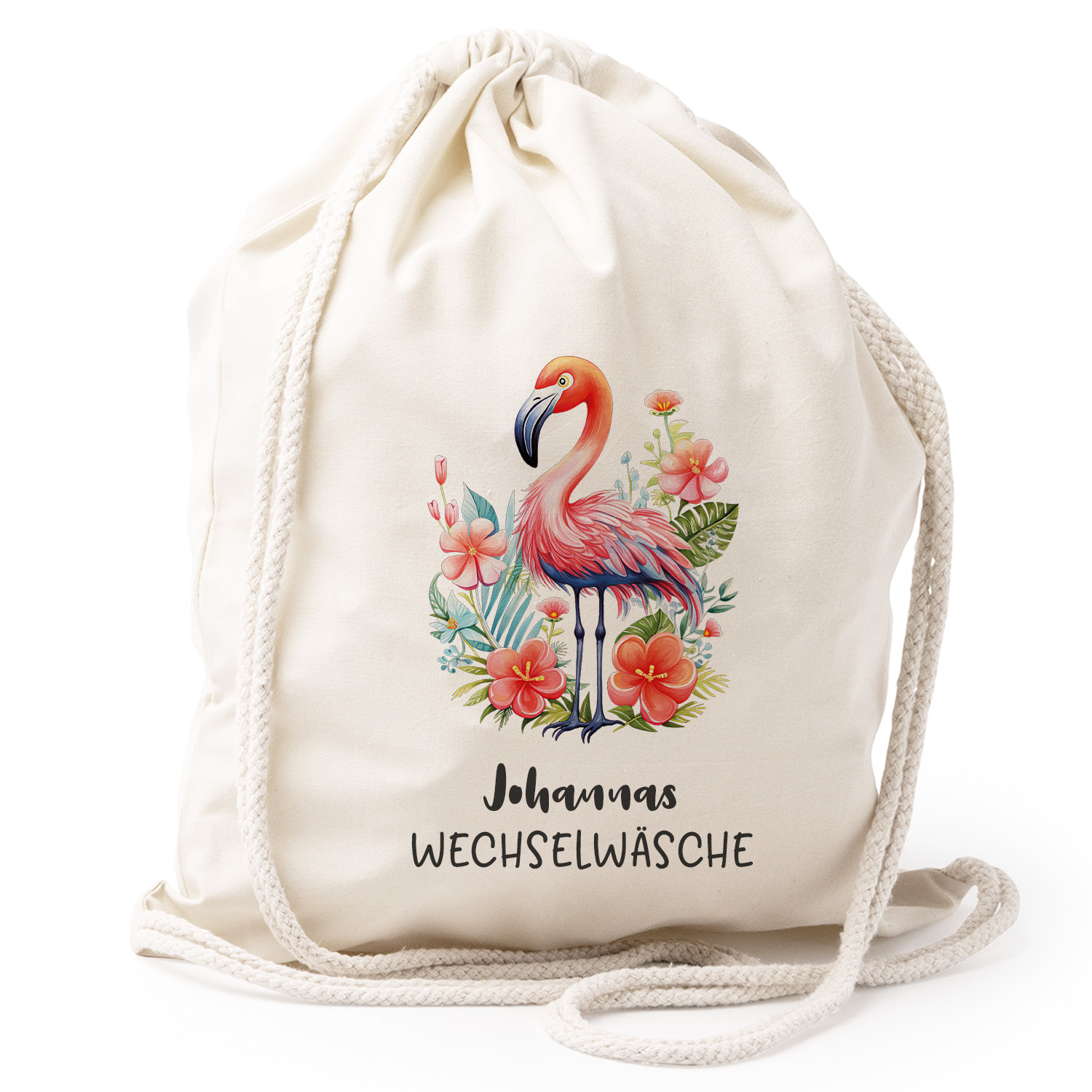 Turnbeutel Rucksack beige Nachhaltig Tasche Motiv: Flamingo personalisiert