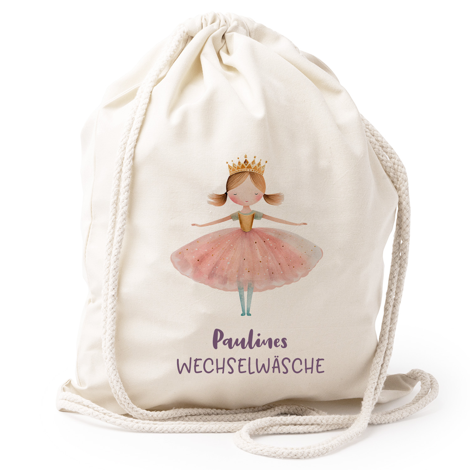 Turnbeutel Rucksack beige Nachhaltig Tasche Motiv: Ballerina blond personalisiert 