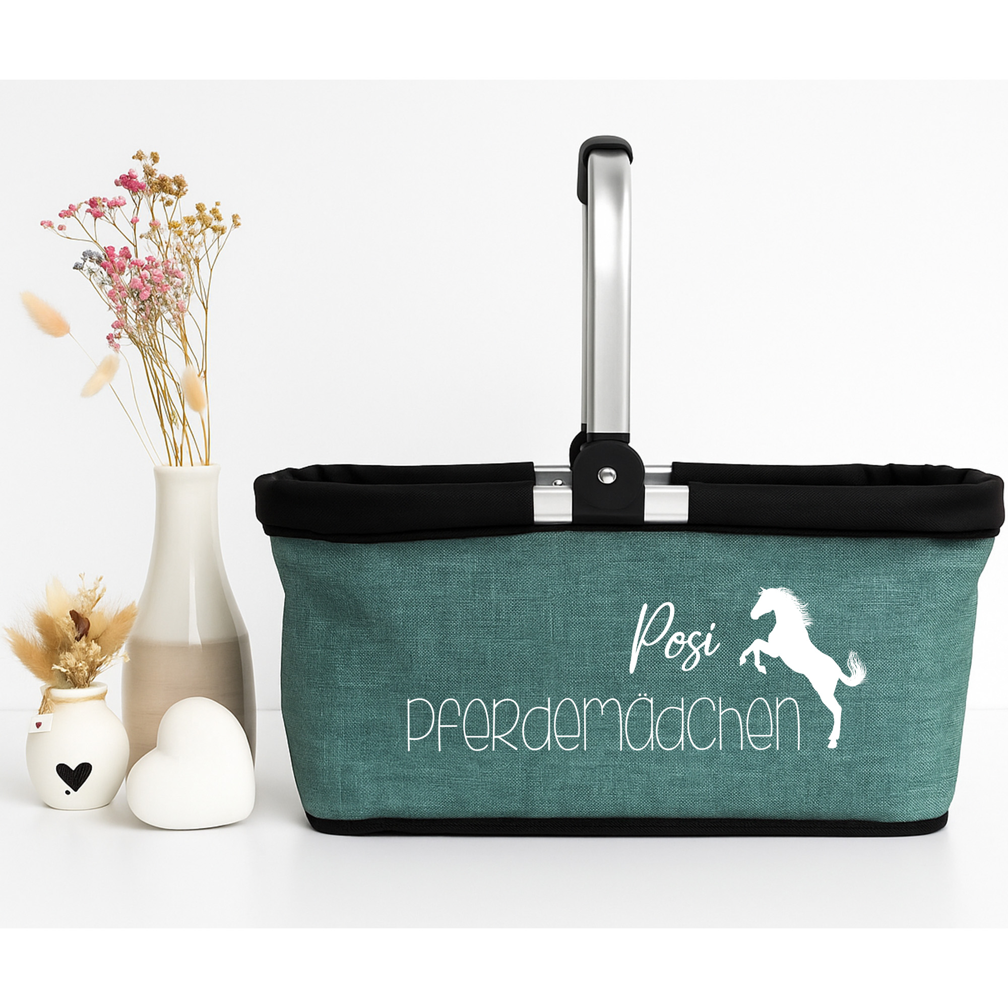 Personalisierter faltbarer Einkaufskorb „Pferdemädchen“ für Stall, Einkauf & Turnier