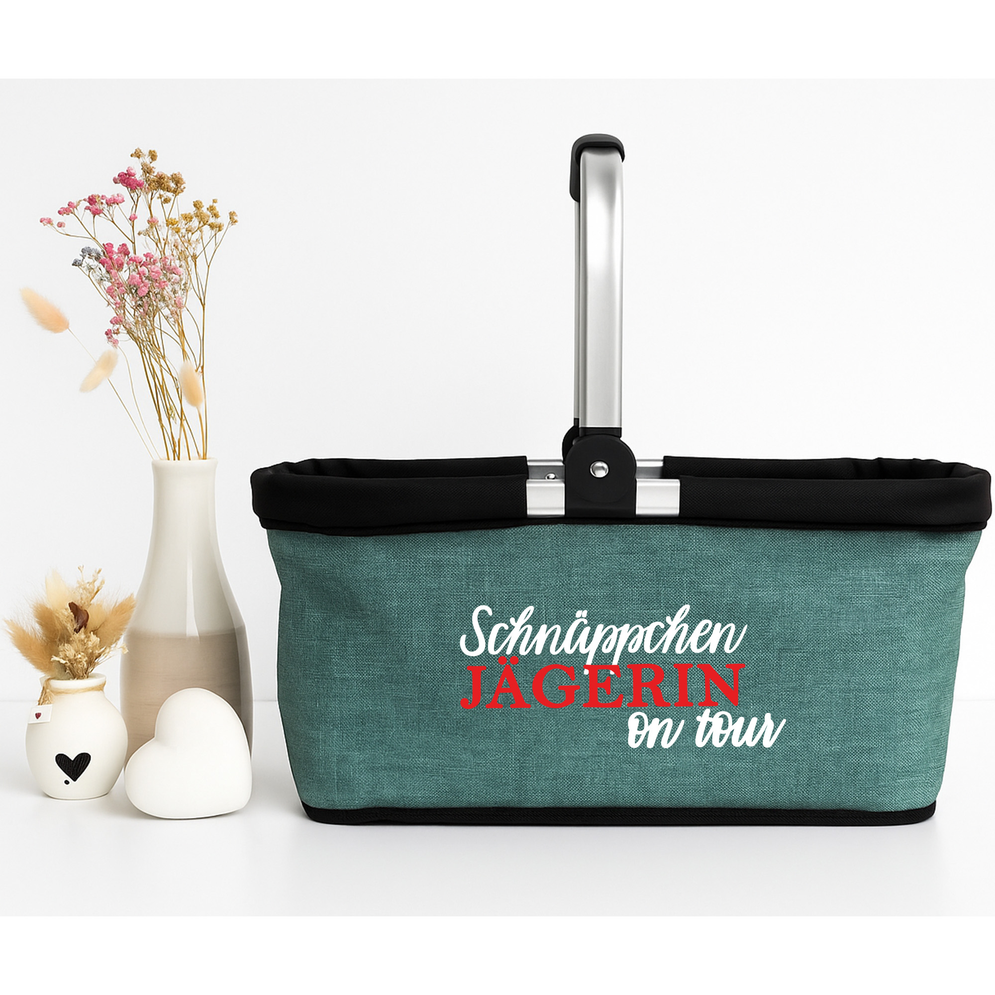 Personalisierter Einkaufskorb "Schnäppchenjägerin on tour" Tragekorb Picknickkorb faltbar 20L 