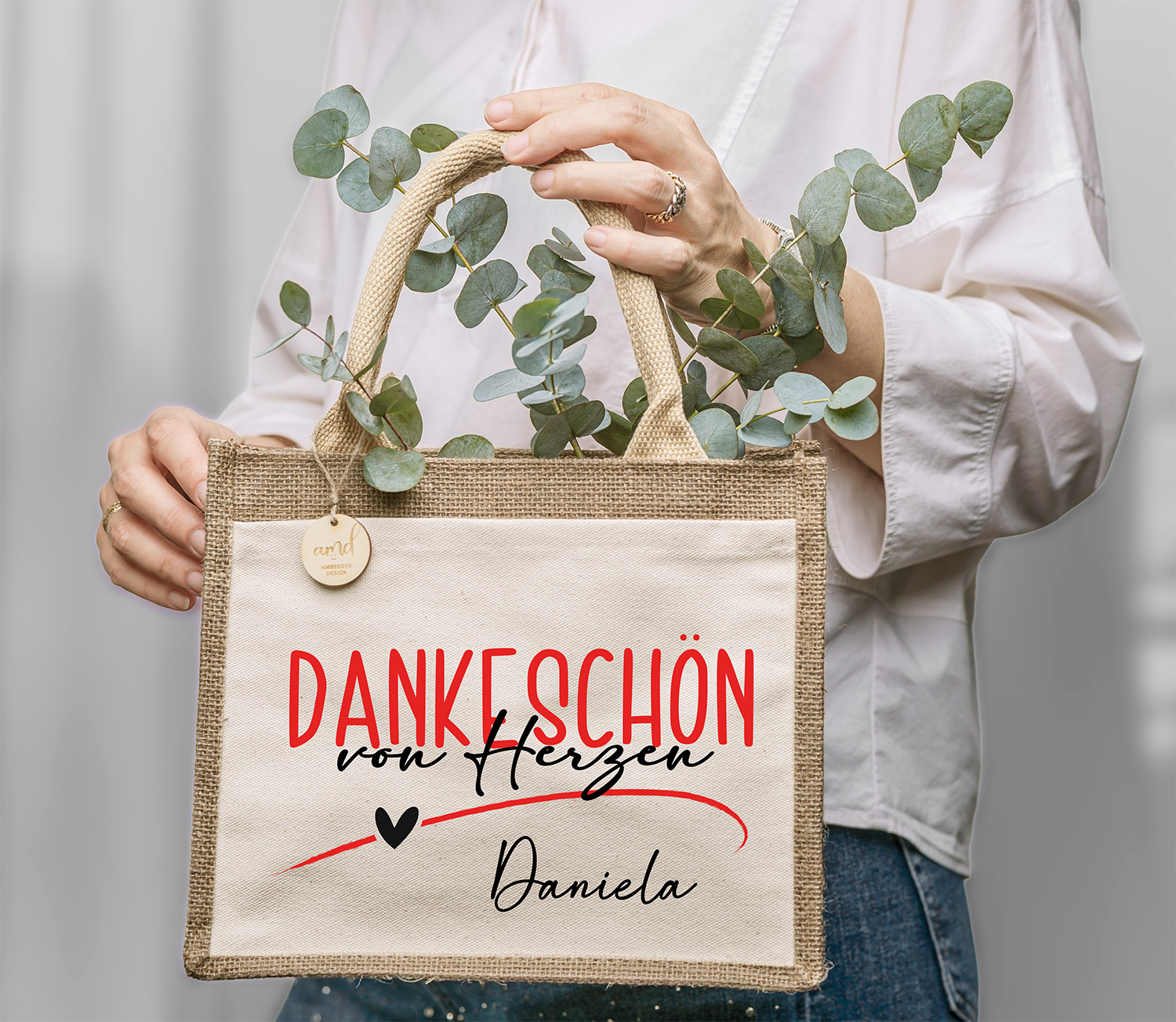Jute-Tasche „Dankeschön von Herzen“ – personalisiert mit Wunschname