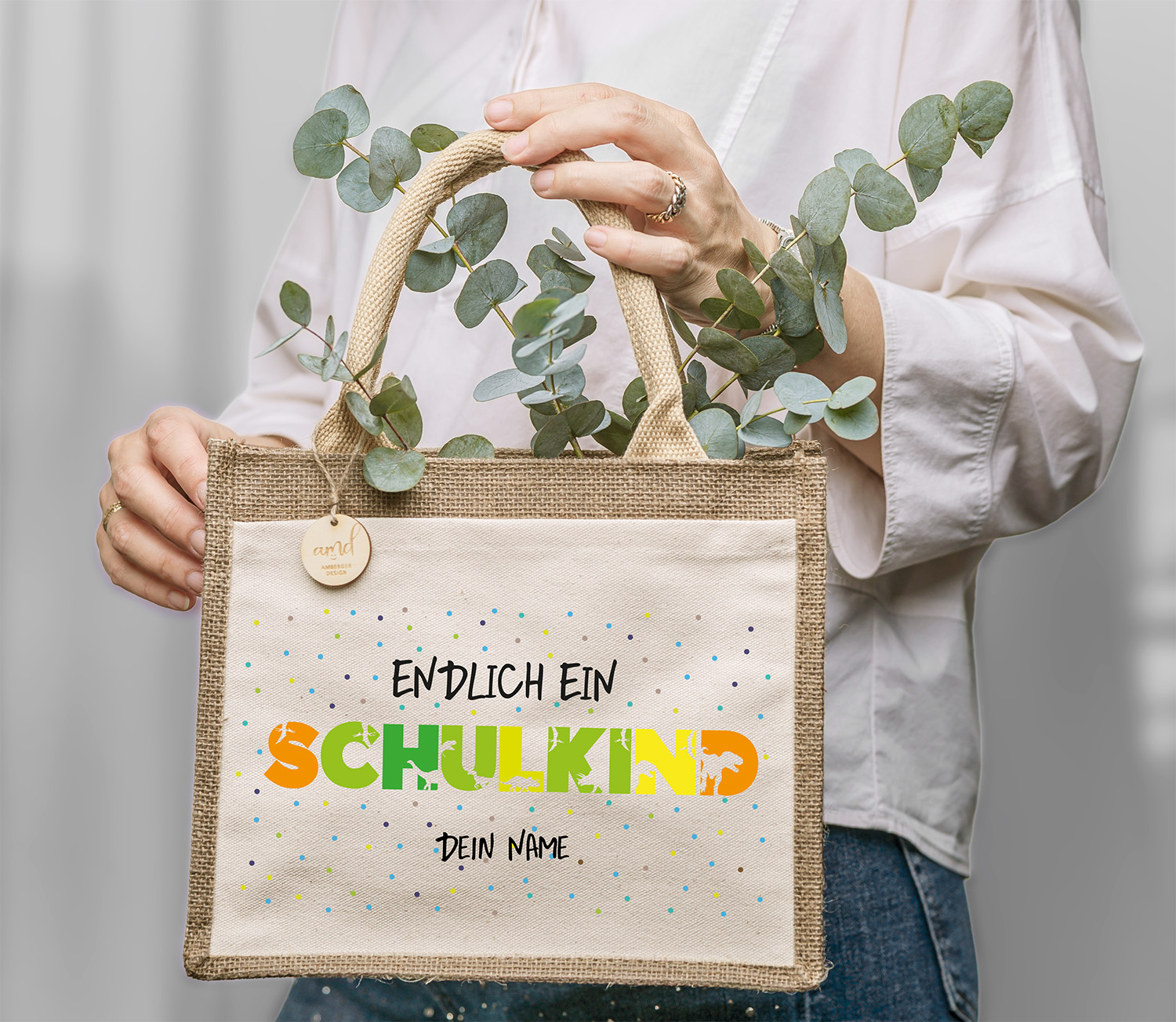 Personalisierte Jute-Tasche „Endlich Schulkind“ – Dinosaurier Motiv mit Wunschname
