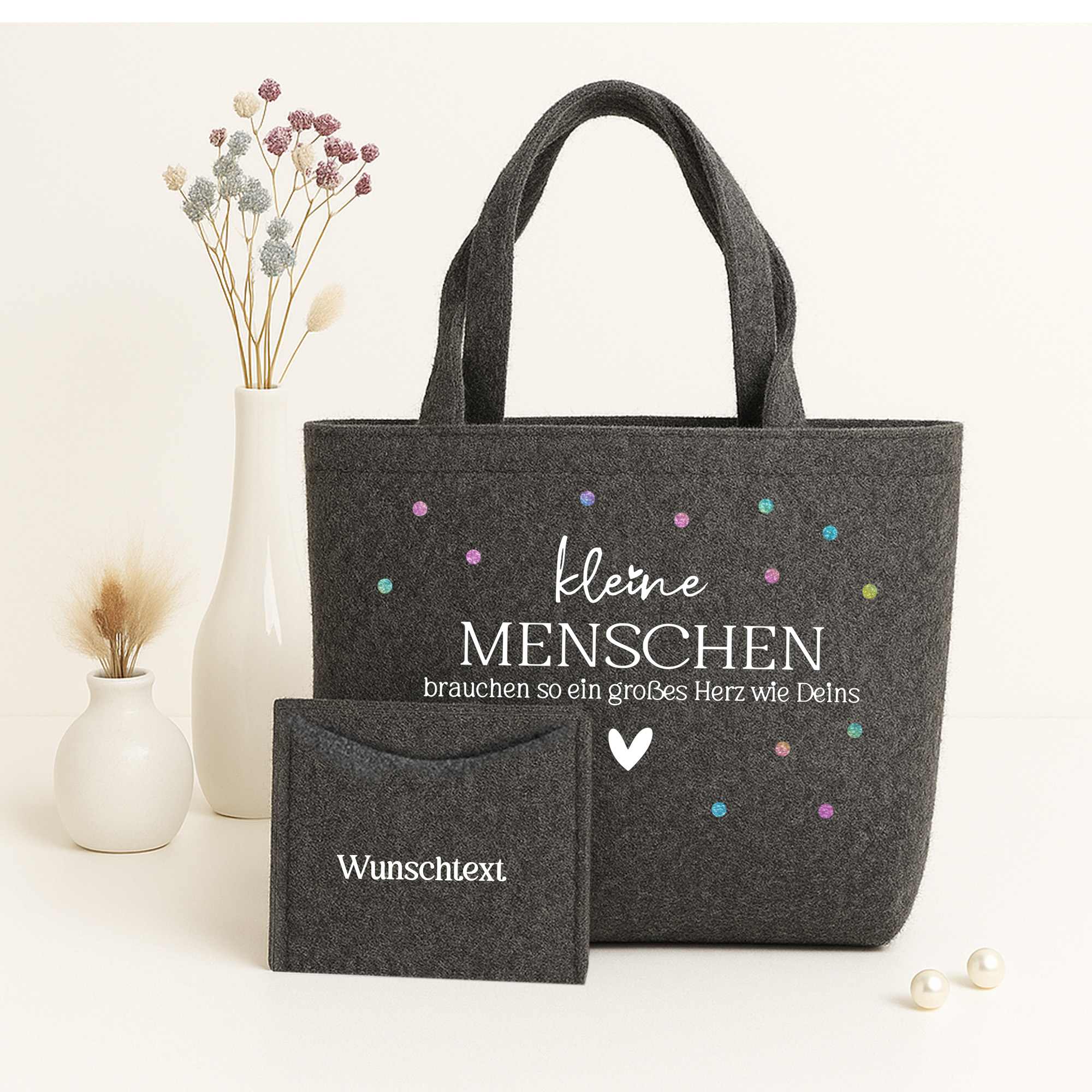 Filztasche div. Farben Motiv Kleine Menschen brauchen ein so großes Herz | Namensdruck Innentasche