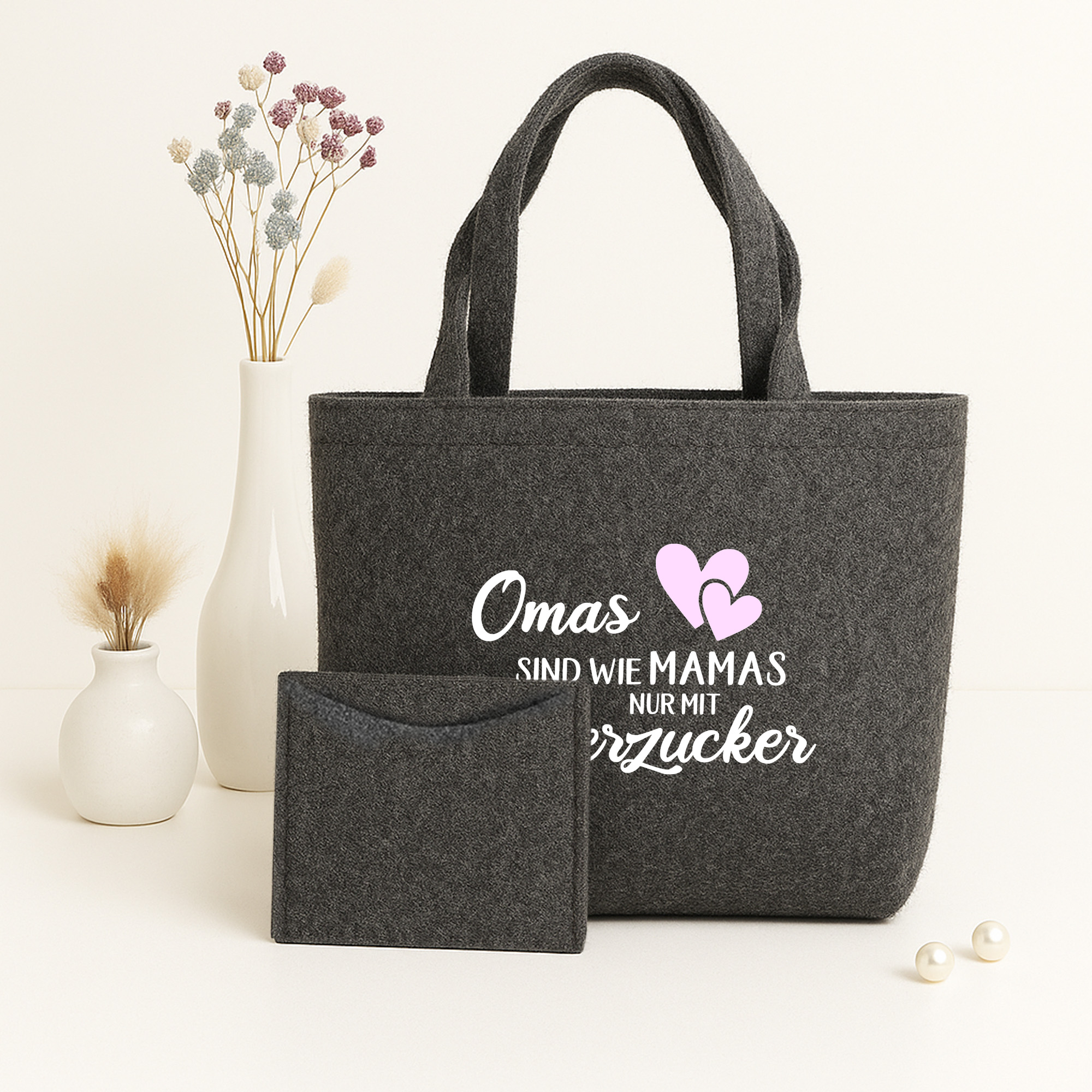Filztasche grautöne nachhaltiger Shopper inkl. Innentasche Geschenktasche | Druck Omas sind wie Mamas