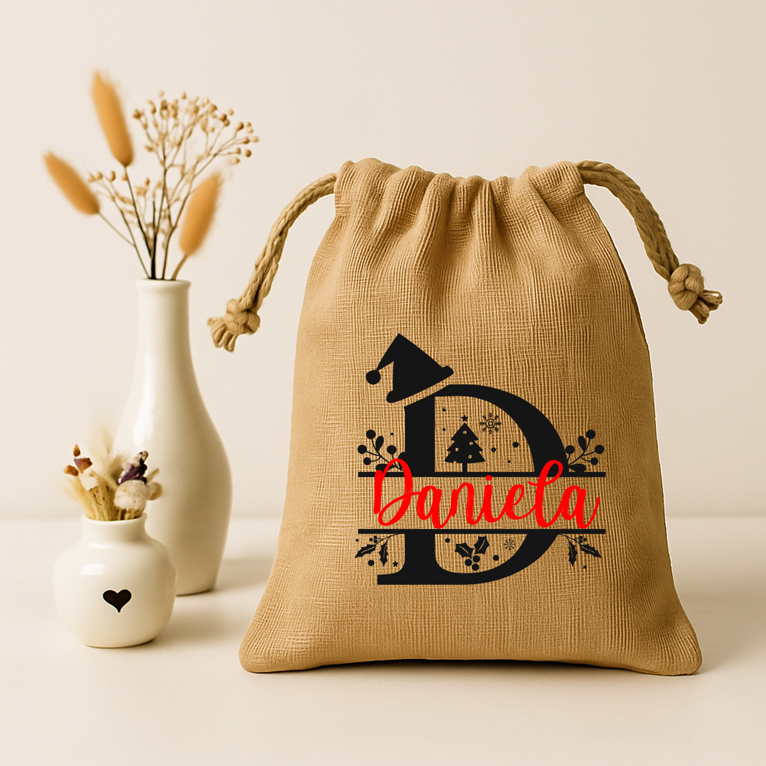 Jute-Nikolaussäckchen Motiv Nikolaus + Initial mit Mütze und 3 Größen | S - L 