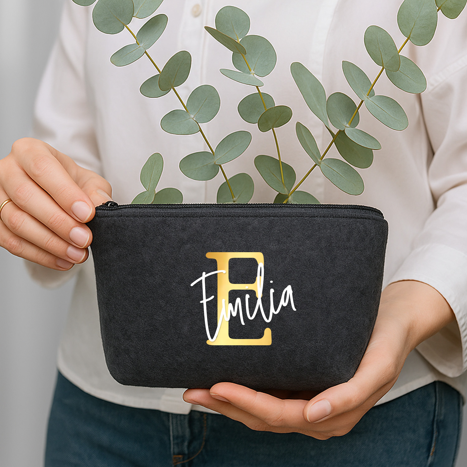 Kosmetiktasche Filz - bedruckt Initial & Name dunkelgrau | Beutel-mit-Name | Schminktasche-Mädchen