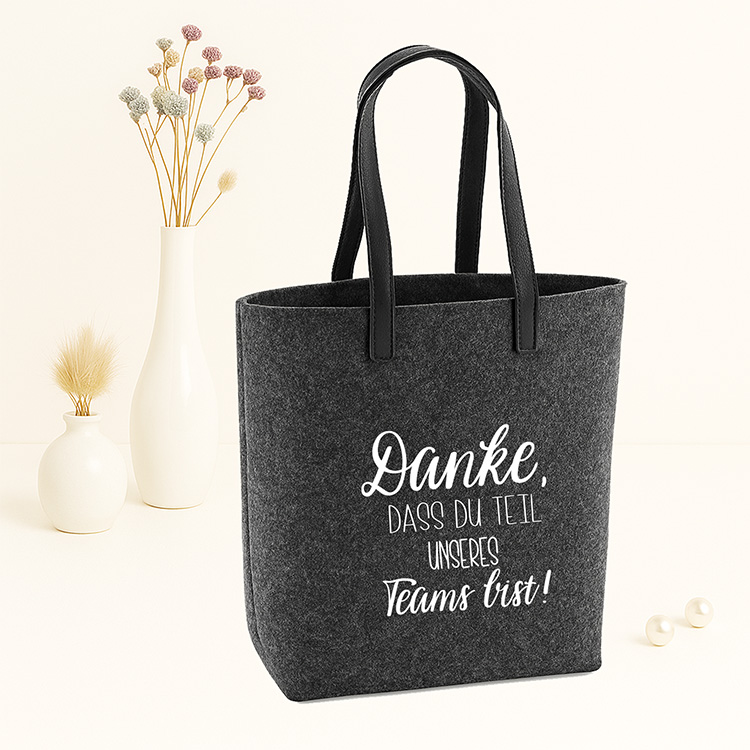 Schmale Filztasche in Grautönen - PU-Griffe - Bestickt Danke, dass du Teil unseres Teams bist