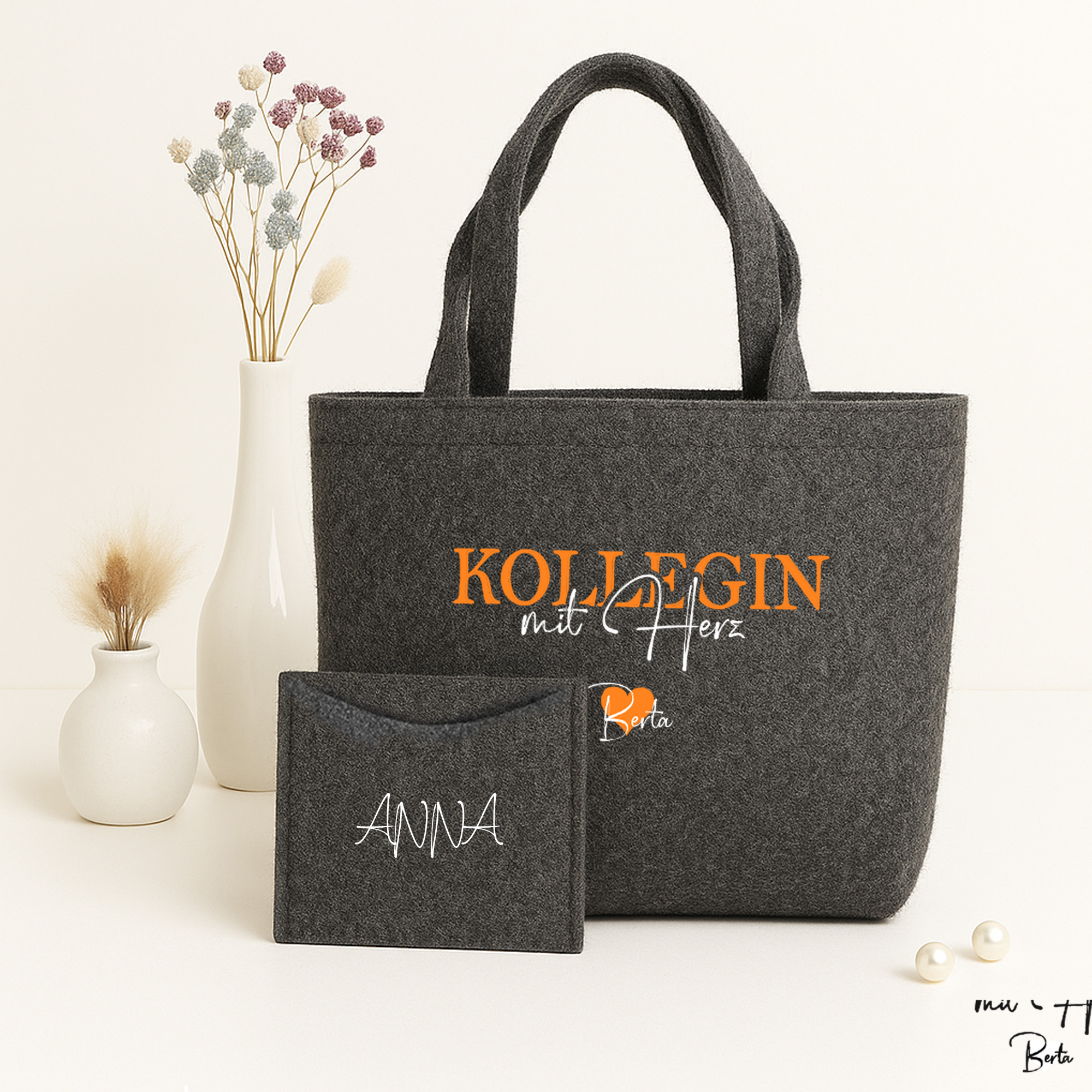 Filztasche grautöne nachhaltiger Shopper inkl. Innentasche | "Kollegin mit Herz" 