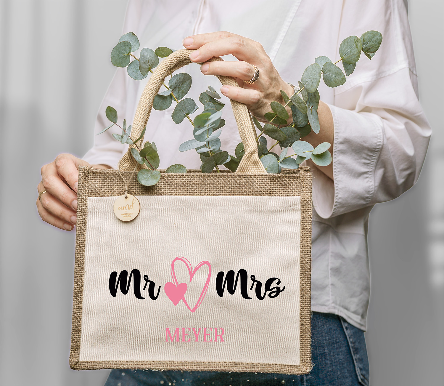 Personalisierte Jute-Tasche "Mr & Mrs" Herzen Wunschname Personalisierbares Geschenk für Brautpaare 