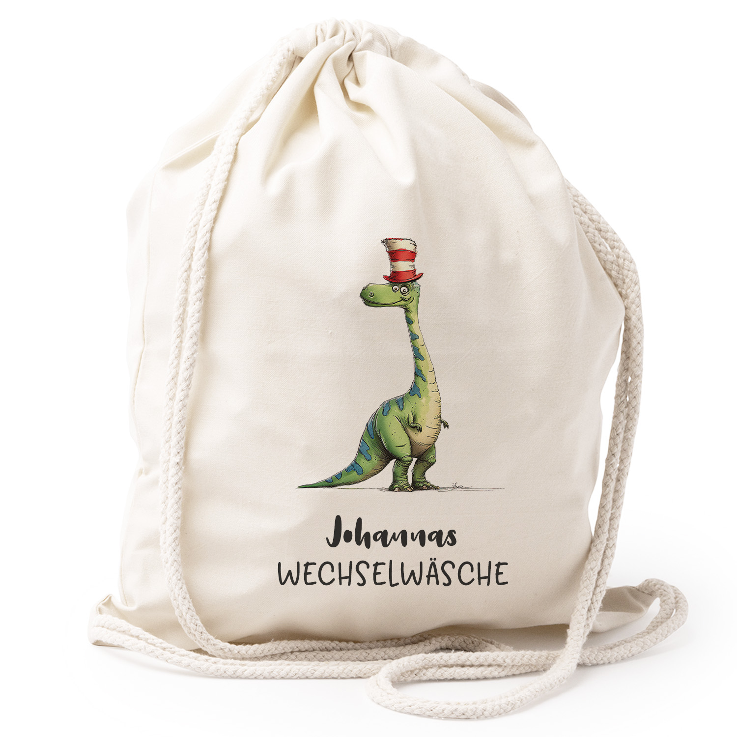 Turnbeutel Rucksack beige Nachhaltig Tasche Motiv: Dino mit Mütze personalisiert 