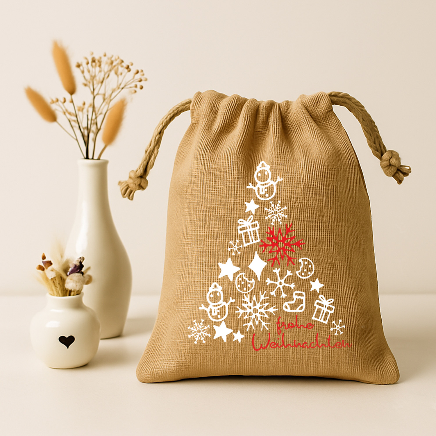 Jute-Sack bedruckt Motiv Weihnachtsbaum & Schneeflocke Name personalisiert in Größe M oder L 