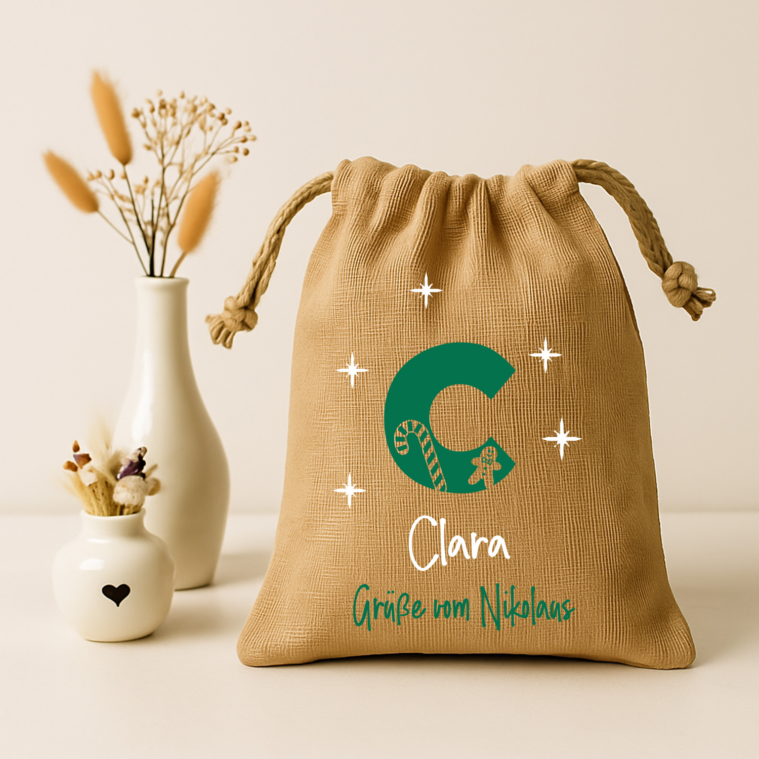 Jute-Nikolaussäckchen Motiv Name - Initial - Sterne in 3 Größen | S - L  