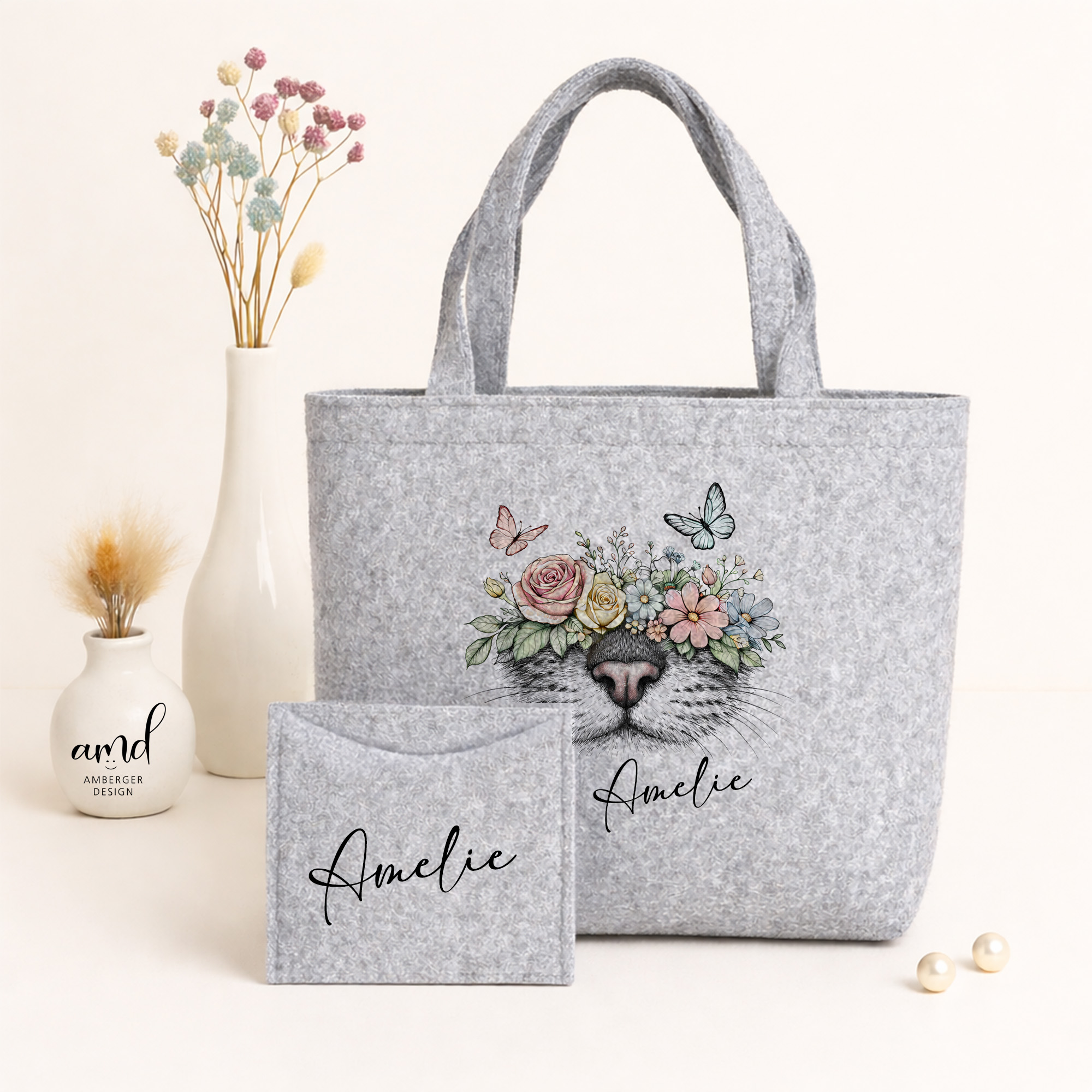 Filztasche nachhaltiger Shopper inkl. Innentasche bedruckt Tiername | Katzenkopf personalisiert