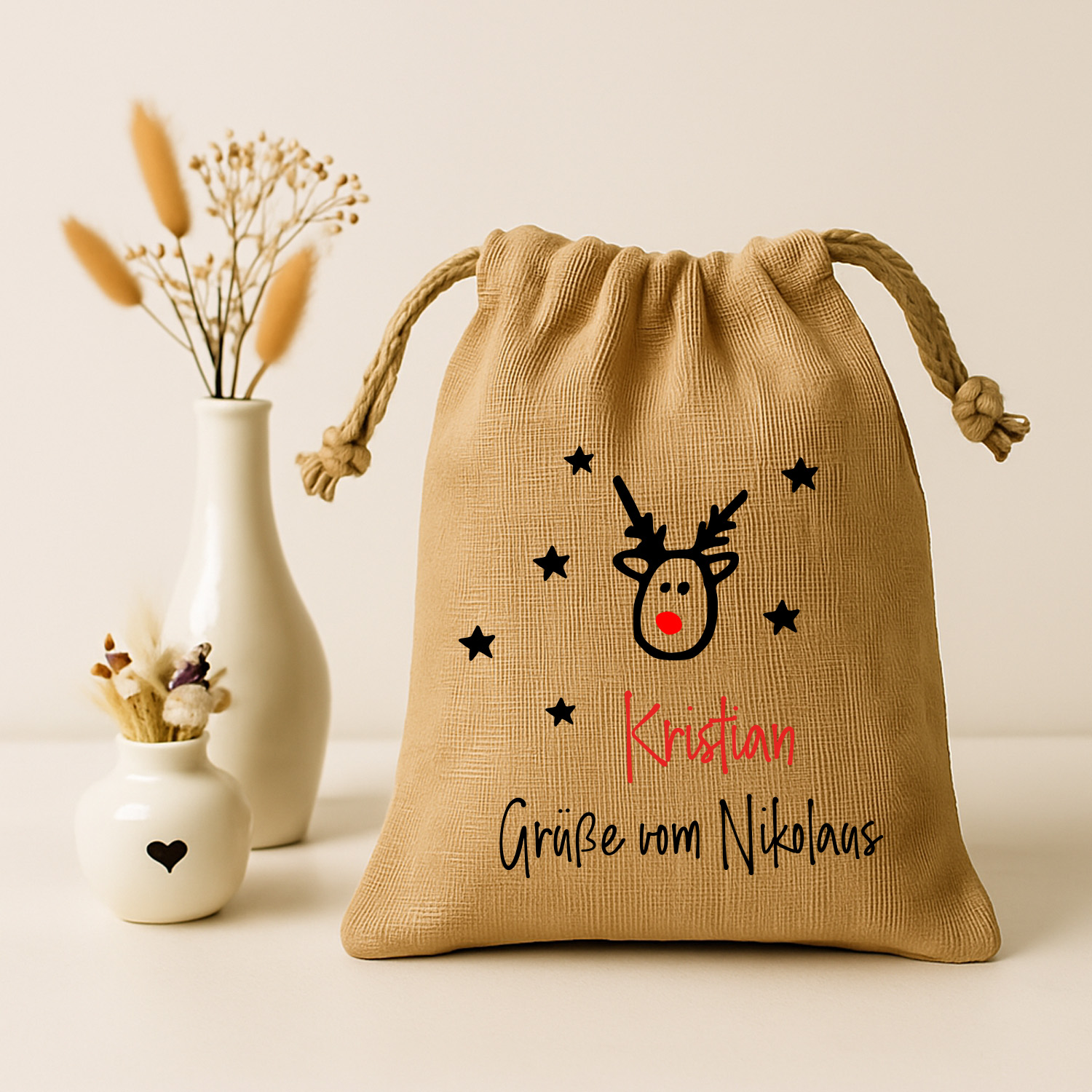 Jute-Nikolaussäckchen Motiv Rentier in 3 Größen | S - L