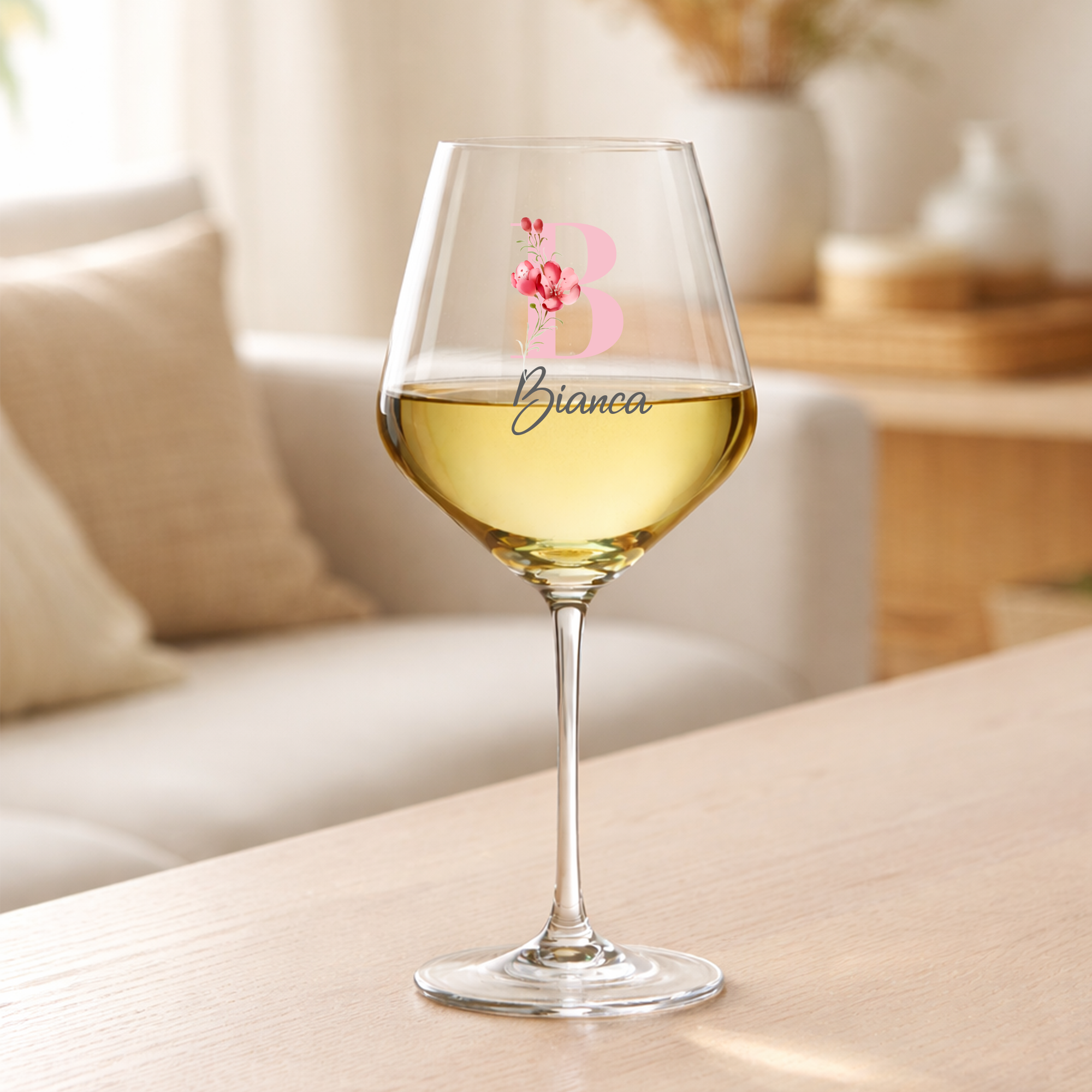 Personalisiertes Weinglas mit Initial & Name – Rosa Design