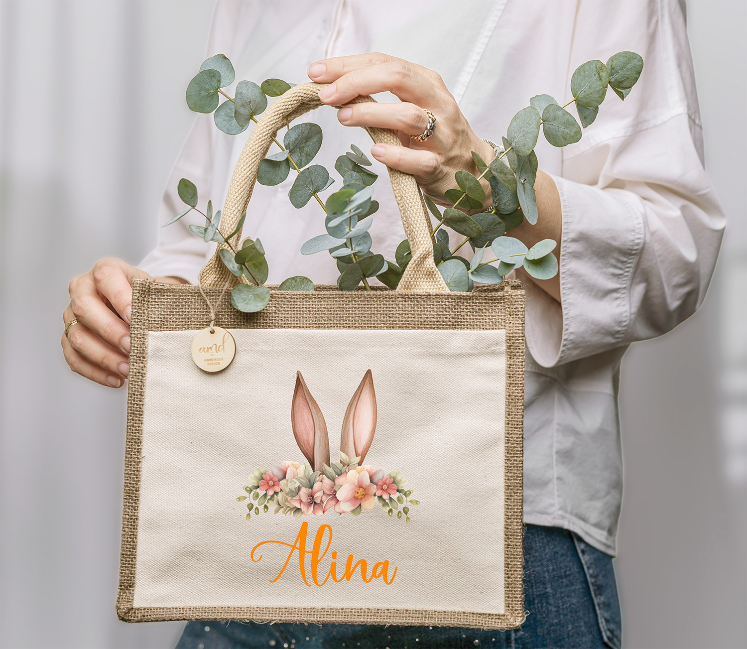 Personalisierte Ostertasche mit Blumen-Hasenohren & Name – Jute Tasche Kinder für Ostereiersuche