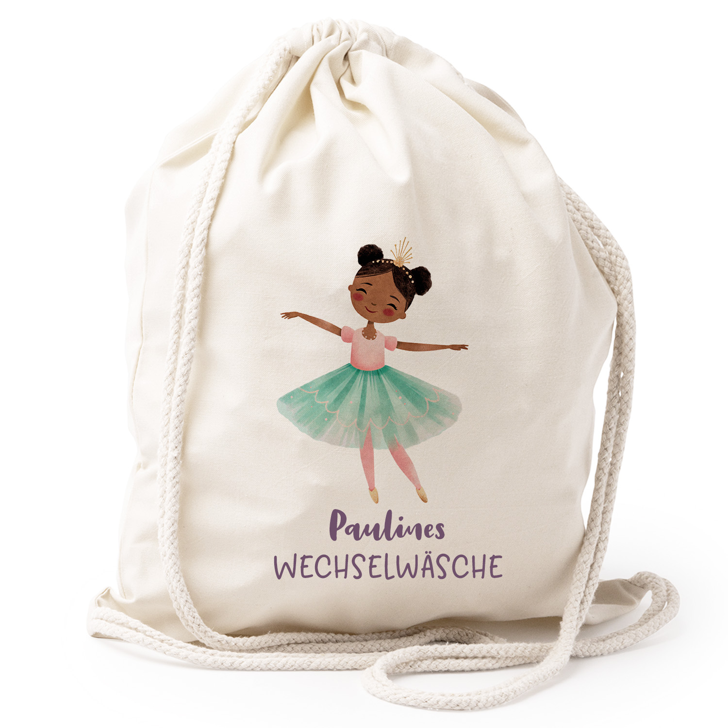 Turnbeutel Rucksack beige Nachhaltig Tasche Motiv: Ballerina braun personalisiert 
