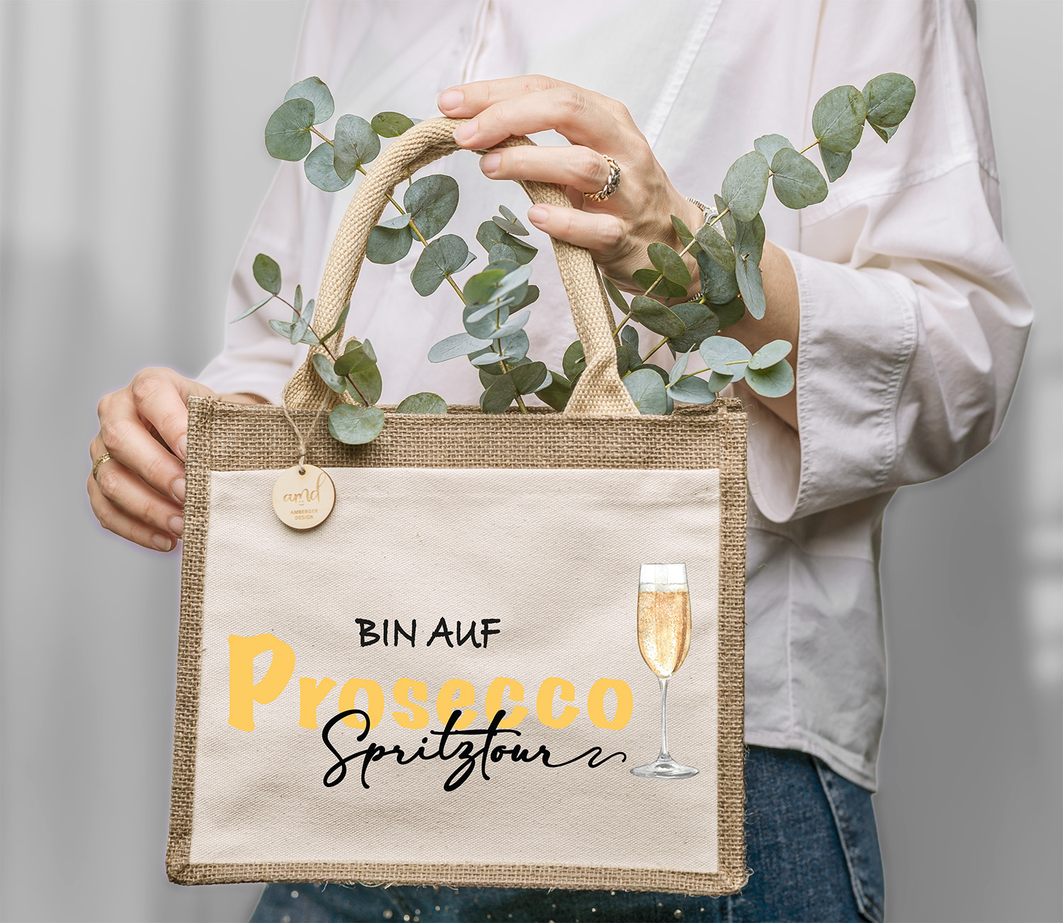 Personalisierte Jute-Tasche „Ich bin auf Prosecco-Spritztour“ – mit Prosecco-Glas & Wunschname