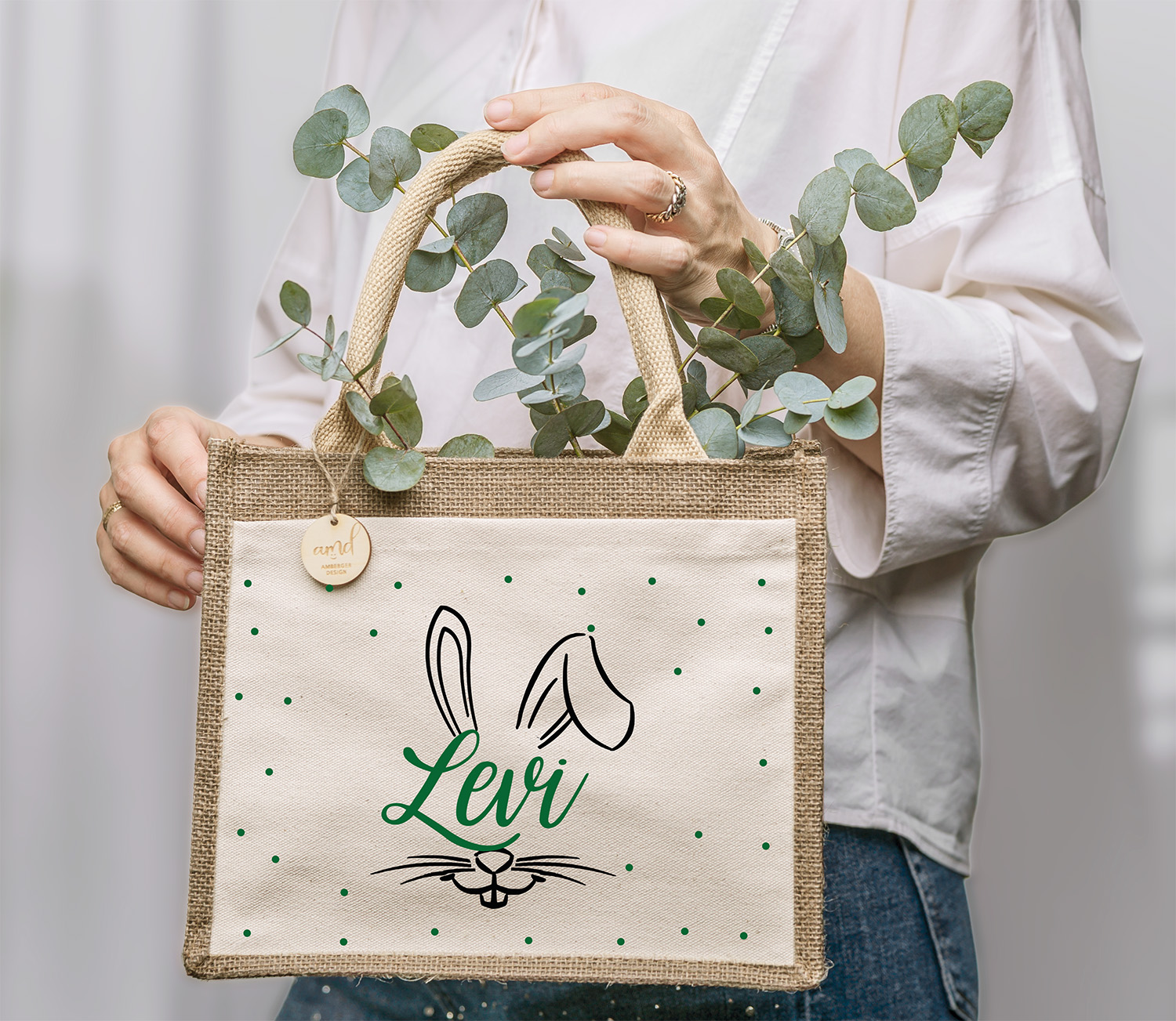 Personalisierte Ostertasche mit Hasengesicht & Regenbogenpunkten – Tasche mit Name