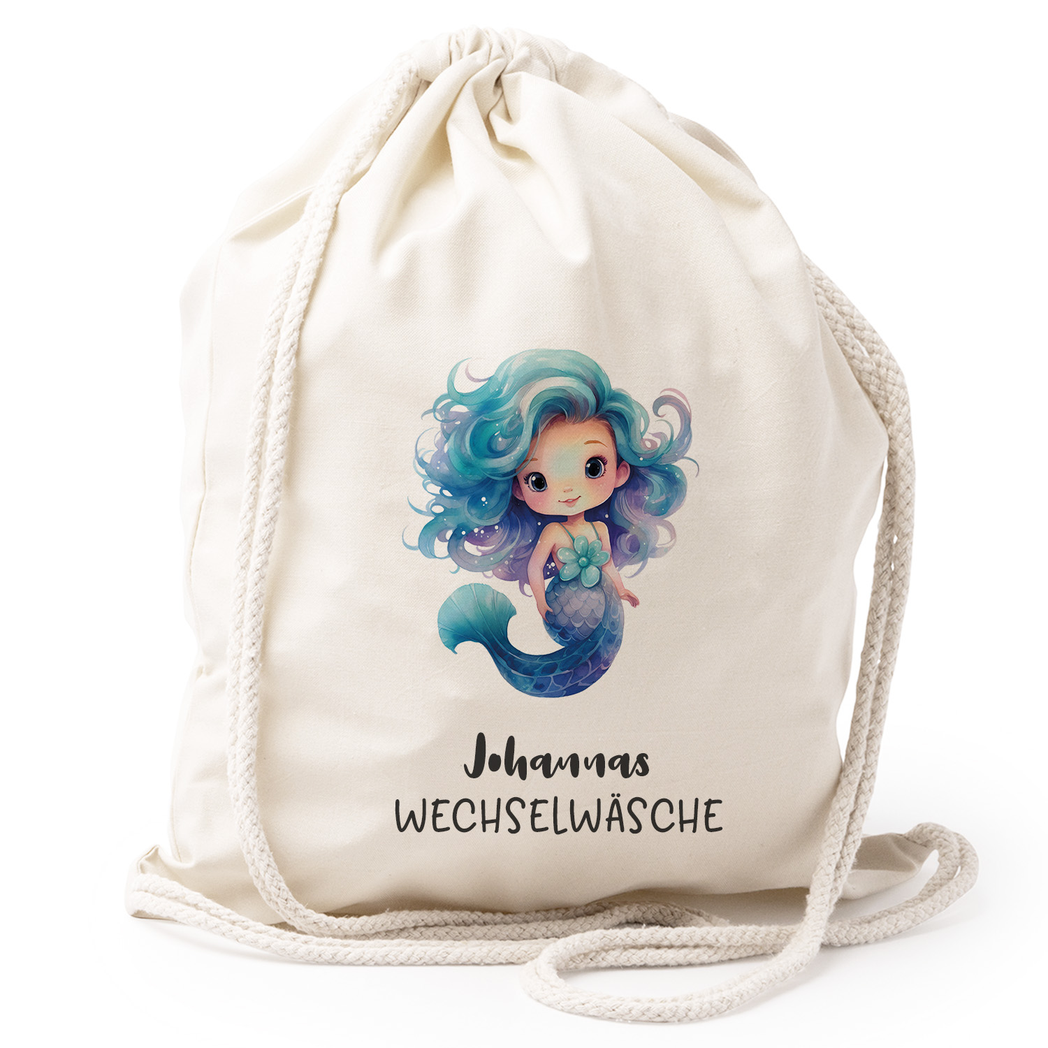 Turnbeutel Rucksack beige Nachhaltig Tasche Motiv: Meerjungfrau personalisiert 