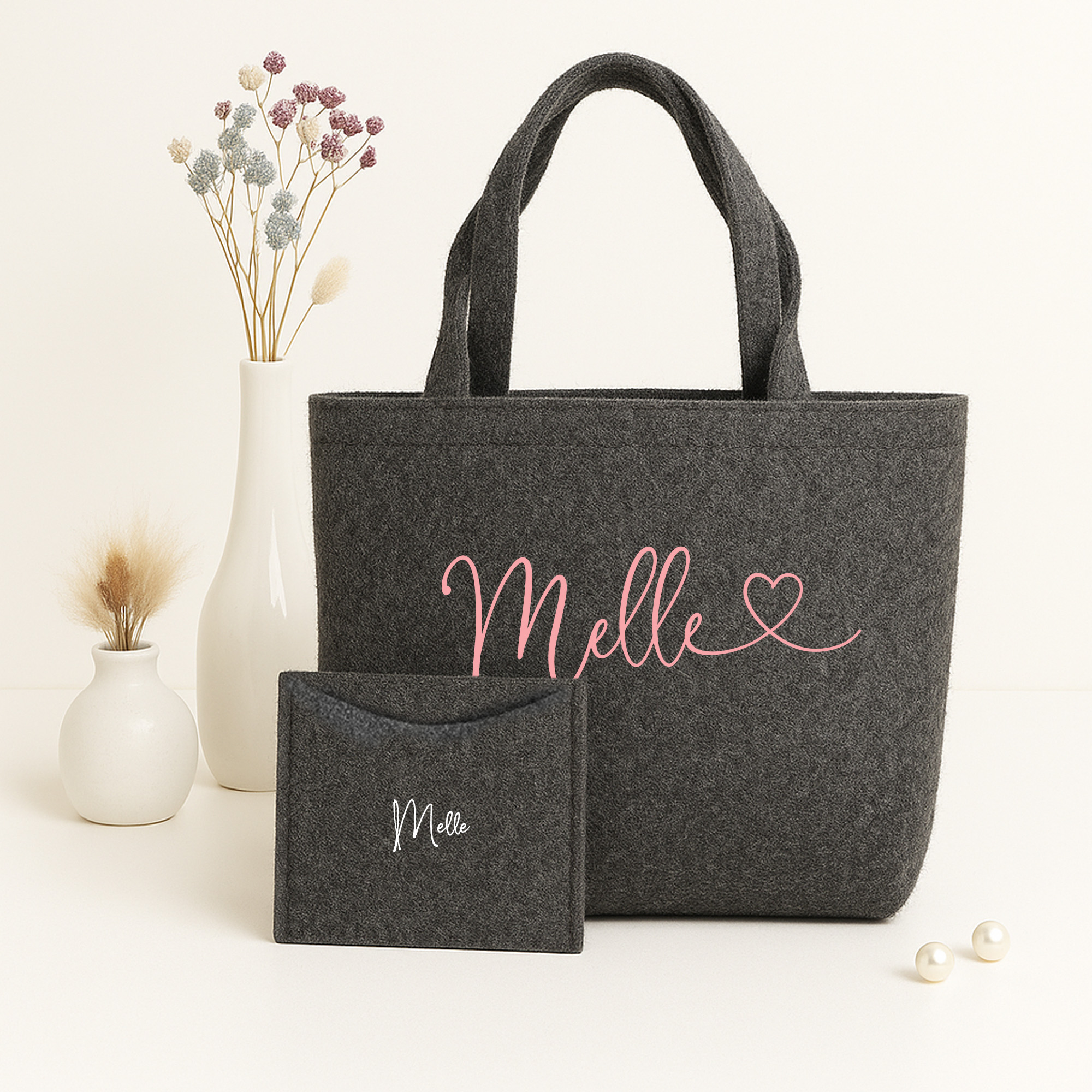 Filztasche nachhaltiger Shopper inkl. Innentasche Geschenk | Herzschwung - Name personalisiert