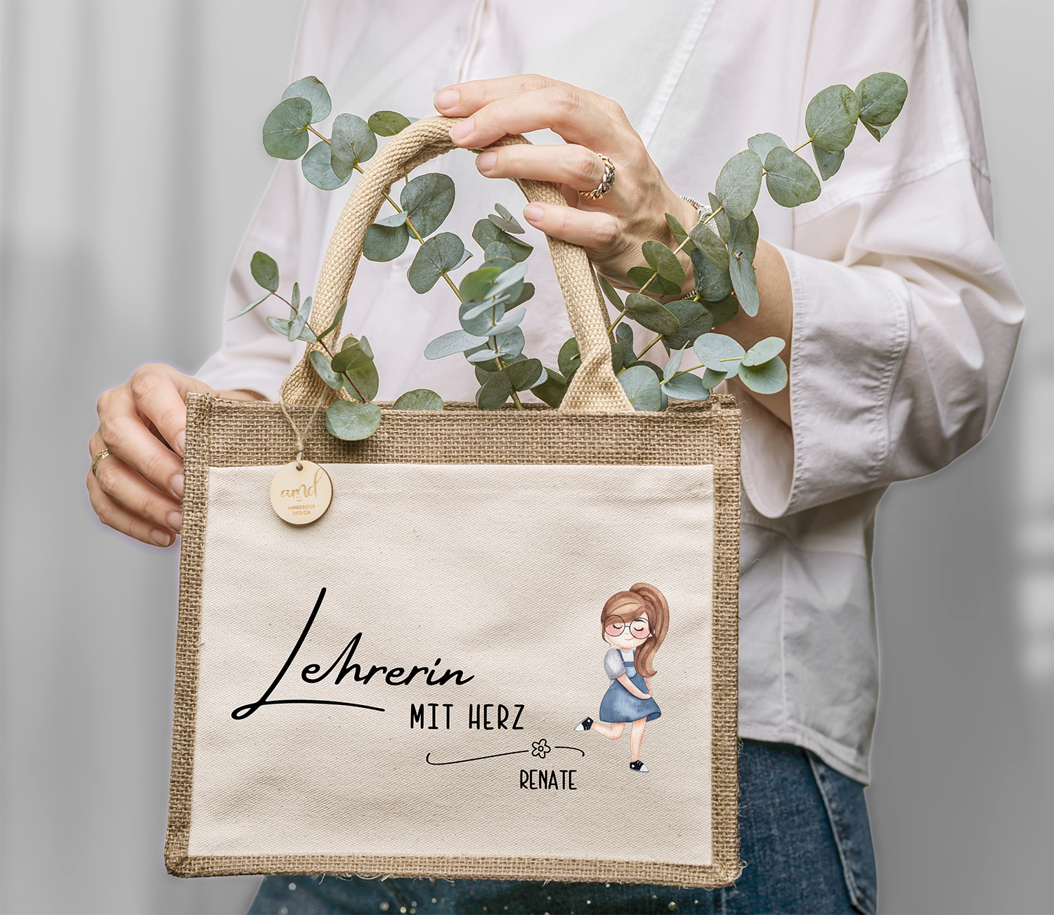 Personalisierte Jute-Tasche „Erzieherin / Lehrerin / Schulbegleiterin“ mit Wunschname div. Haarfarben