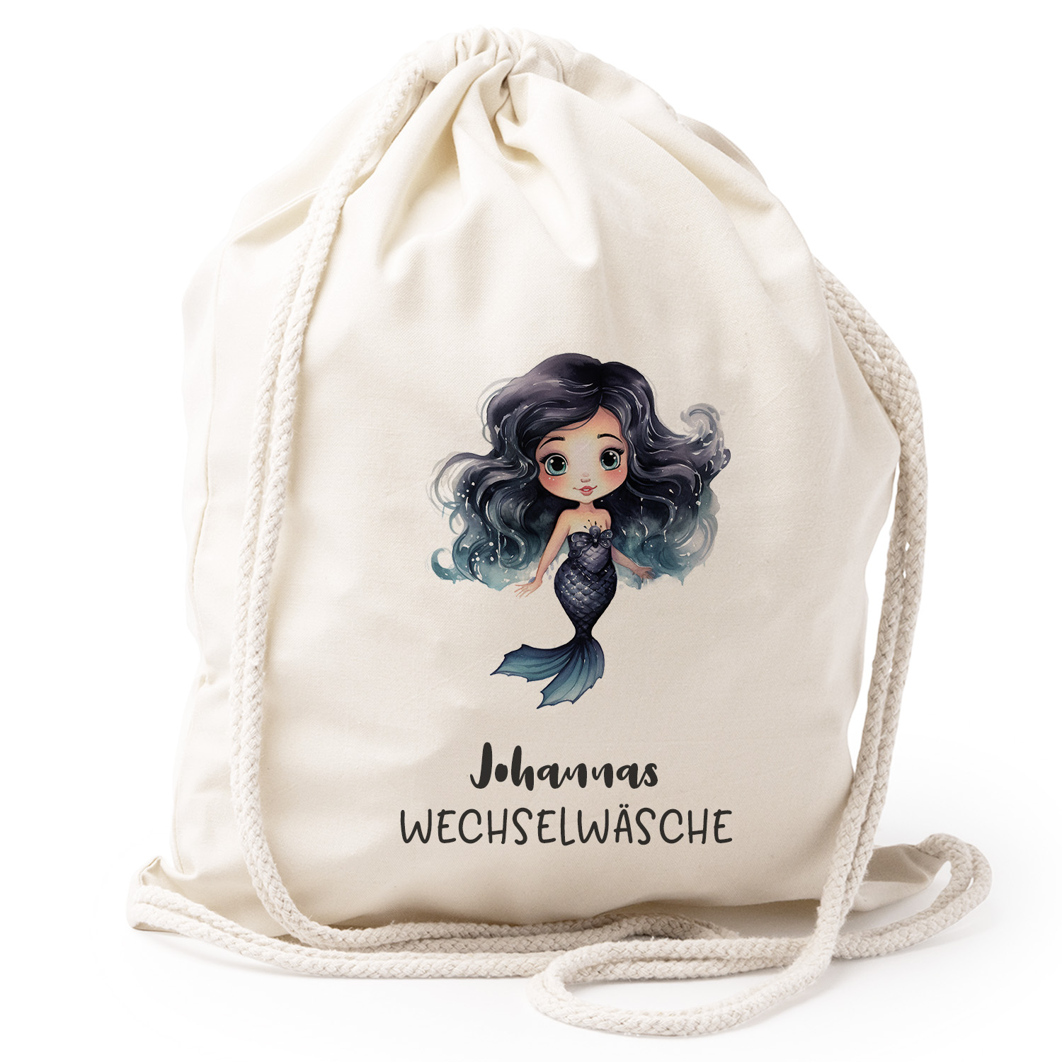 Turnbeutel Rucksack beige Nachhaltig Tasche Motiv: Meerjungfrau schwarz personalisiert