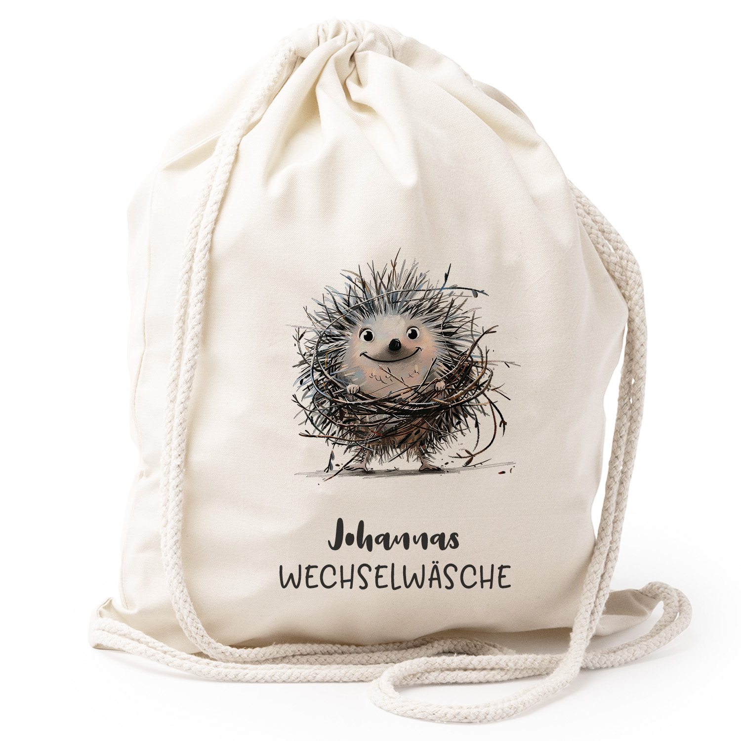 Turnbeutel Rucksack beige Nachhaltig Tasche Motivl Igel personalisiert