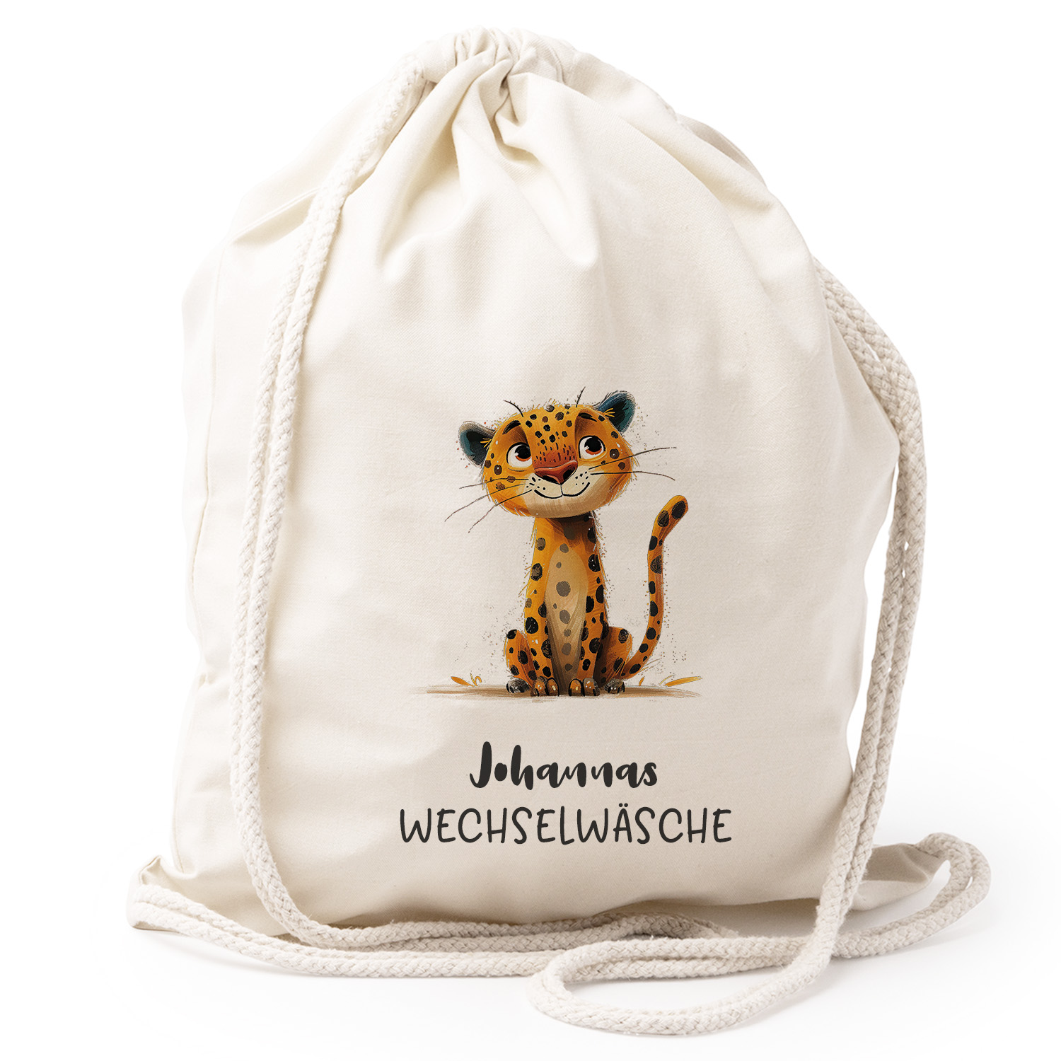 Turnbeutel Rucksack beige Nachhaltig Tasche Motiv: Leopard personalisiert