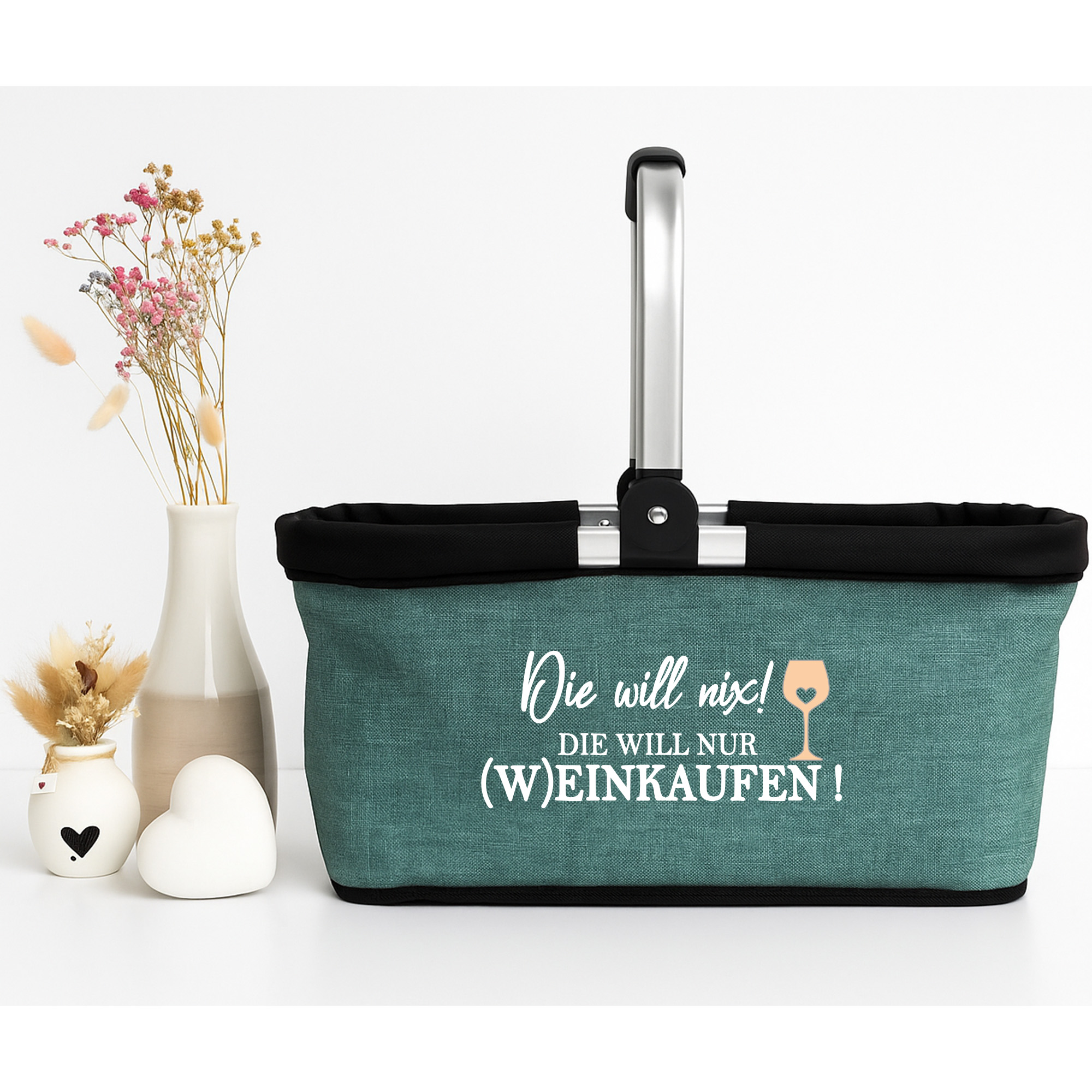 Einkaufskorb Spruch: "Die will nix – die will nur (W)EINKAUFEN" Motiv: Weinglas in Wunschfarbe  Tragetasche faltbar 20L  