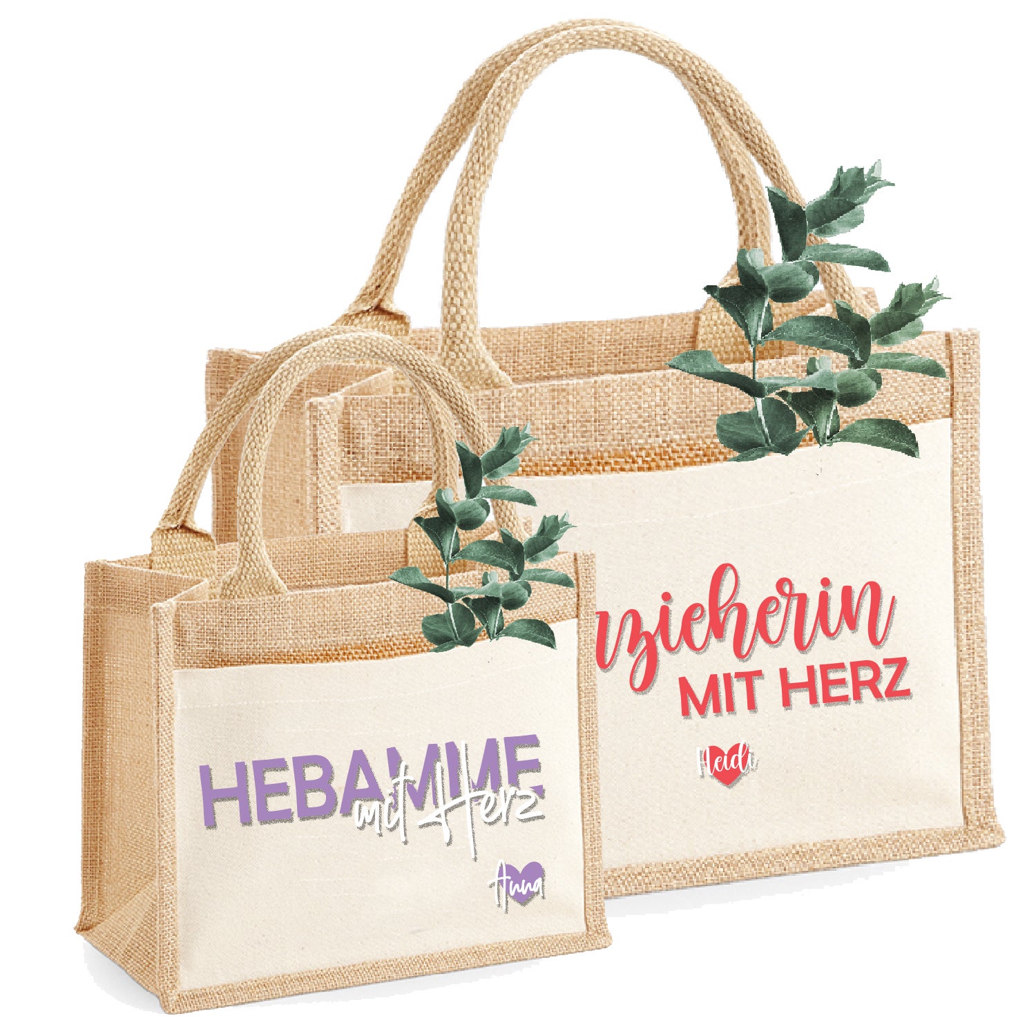 Jute-Tasche Motiv: Hebamme / Erzieherin / Lehrerin mit Herz | personalisiert | Größe S & M