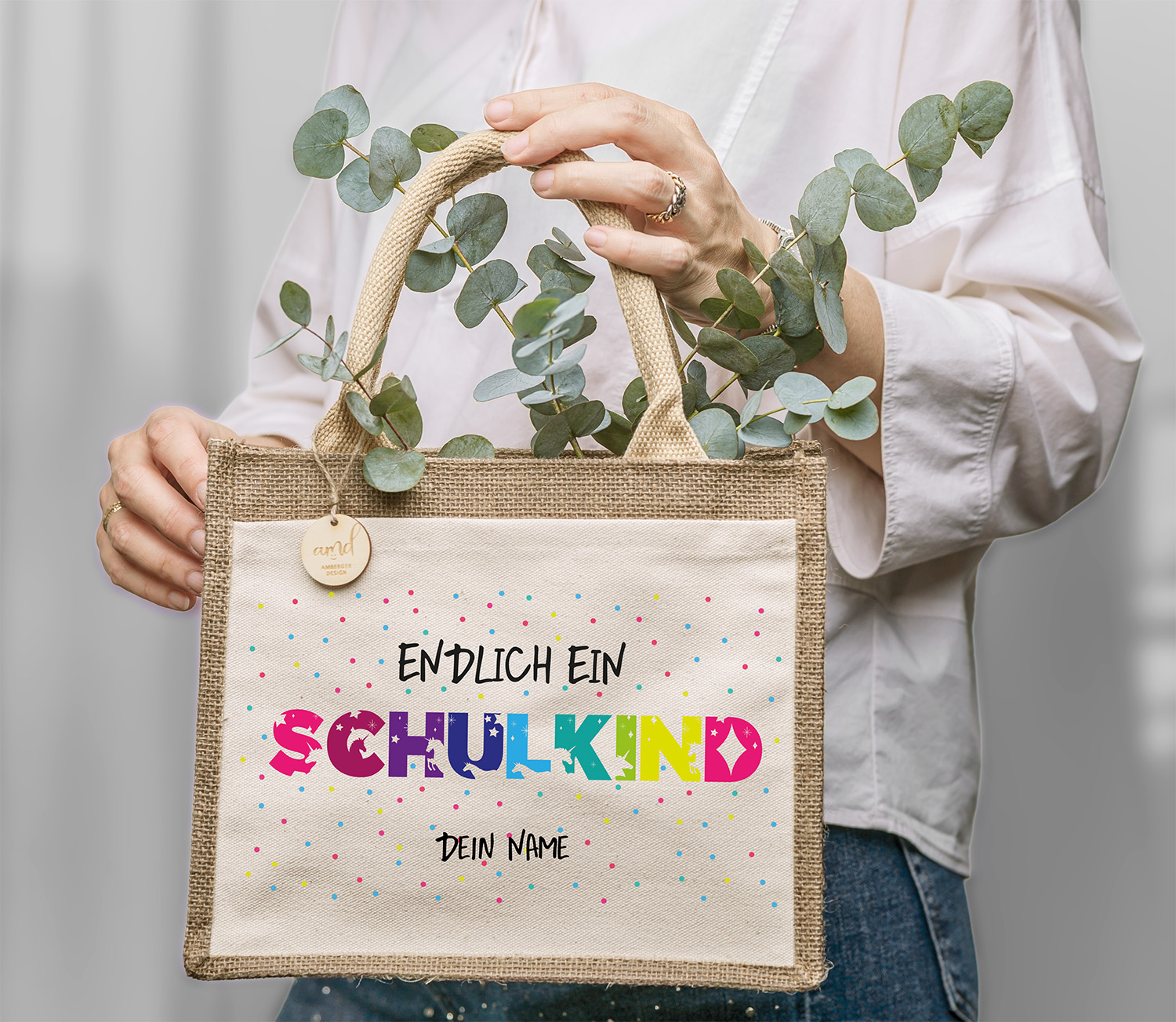 Personalisierte Jute-Tasche „Endlich Schulkind“ – Einhorn-Motiv mit Wunschname