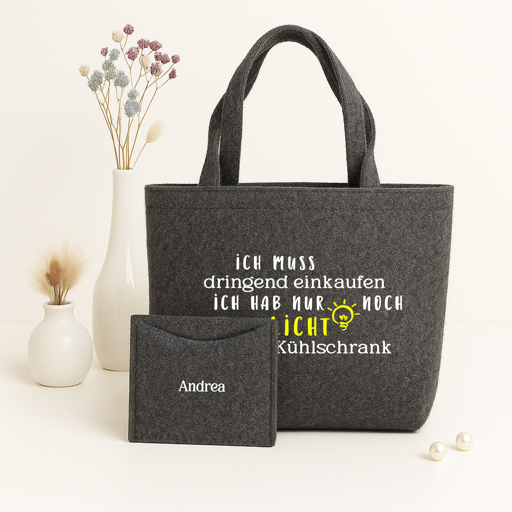 Filztasche nachhaltiger Shopper inkl. Innentasche Geschenk | Ich muss dringend einkaufen - ich hab nurn noch Licht im Kühlschrank 