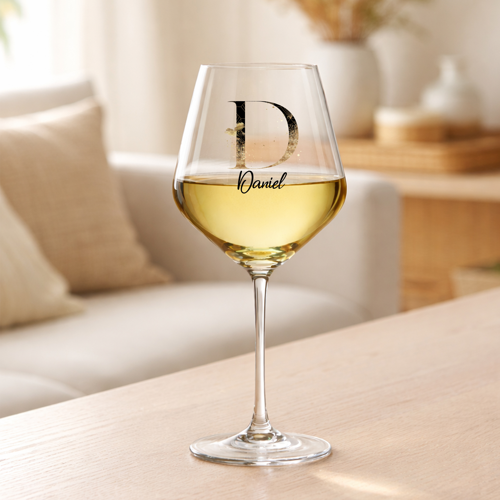 Personalisiertes Weinglas mit Initial & Name – Gold Schwarz Design – Geschenkidee Vatertag