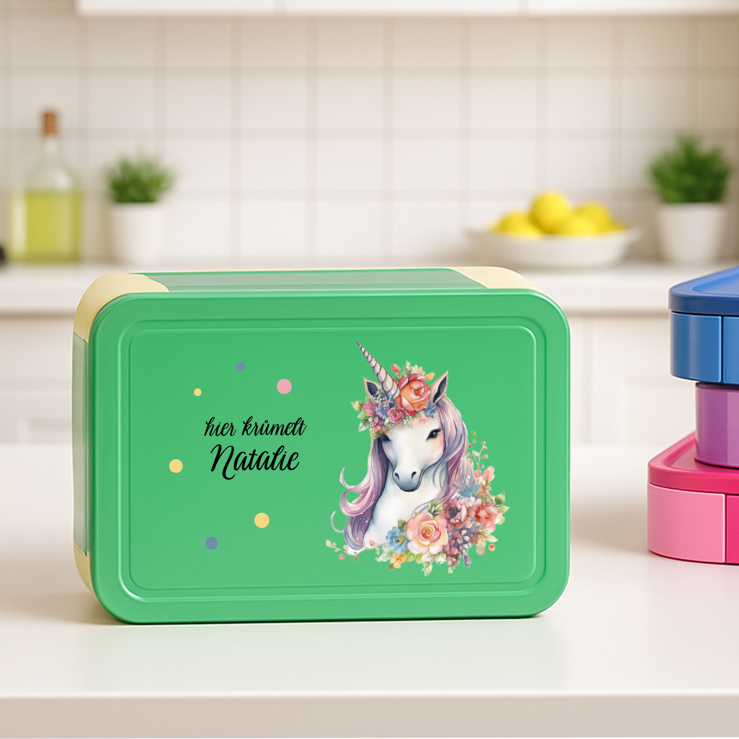 Personaliserte Brotdose Einnnhorn-Blumen mit Name
