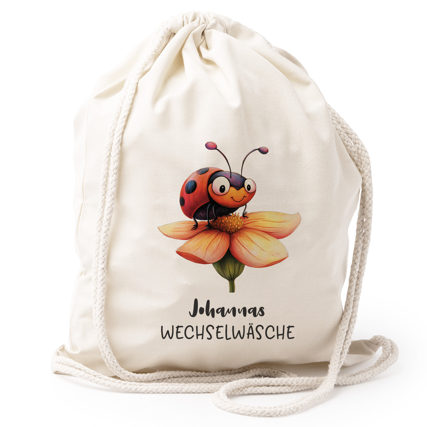 Turnbeutel Rucksack beige Nachhaltig Tasche Motiv: Marienkäfer personalisiert