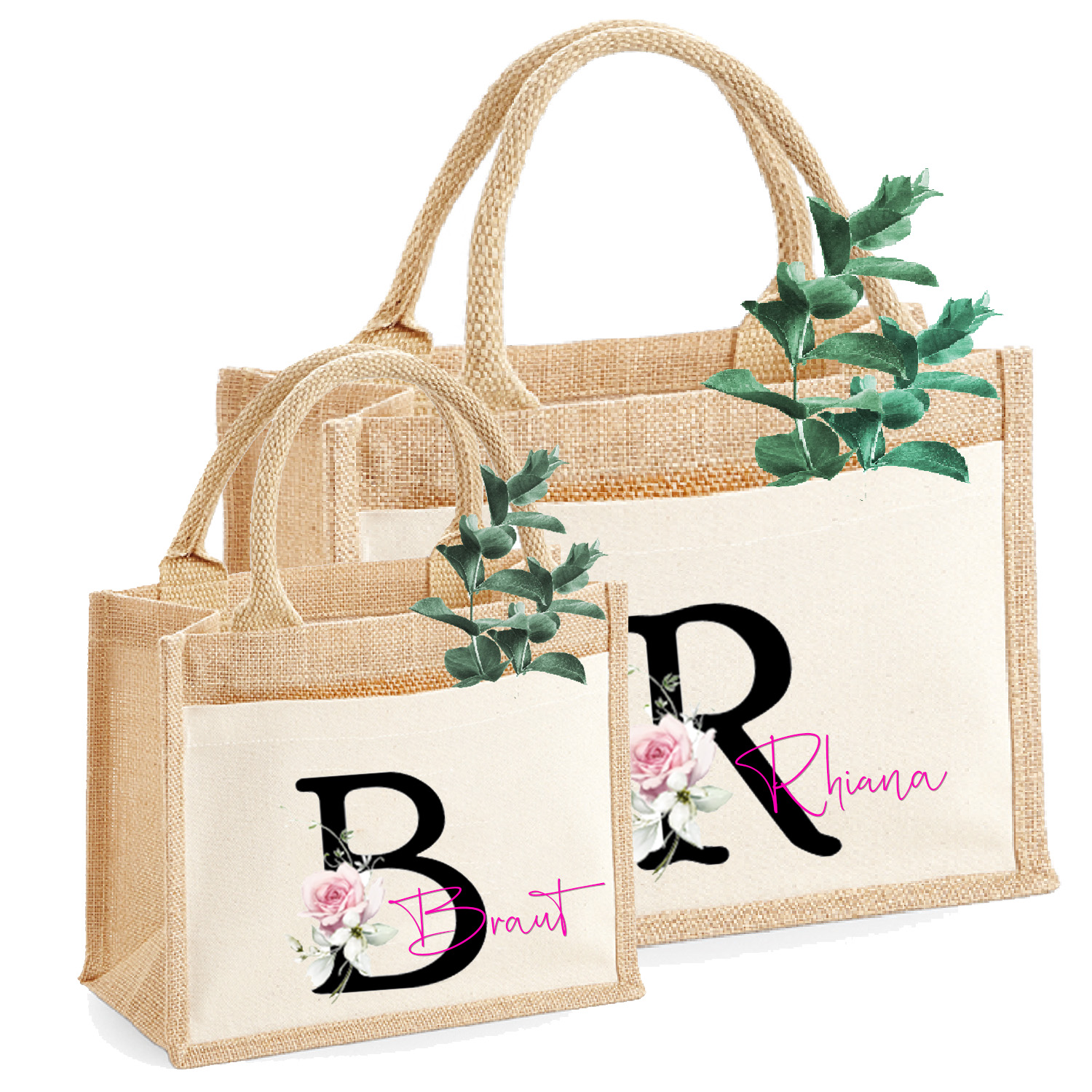 Jute-Tasche Hochzeit Rosen Initial & Name personalisiert | Jute-Beutel Nachhaltig | Bride Größe S&M