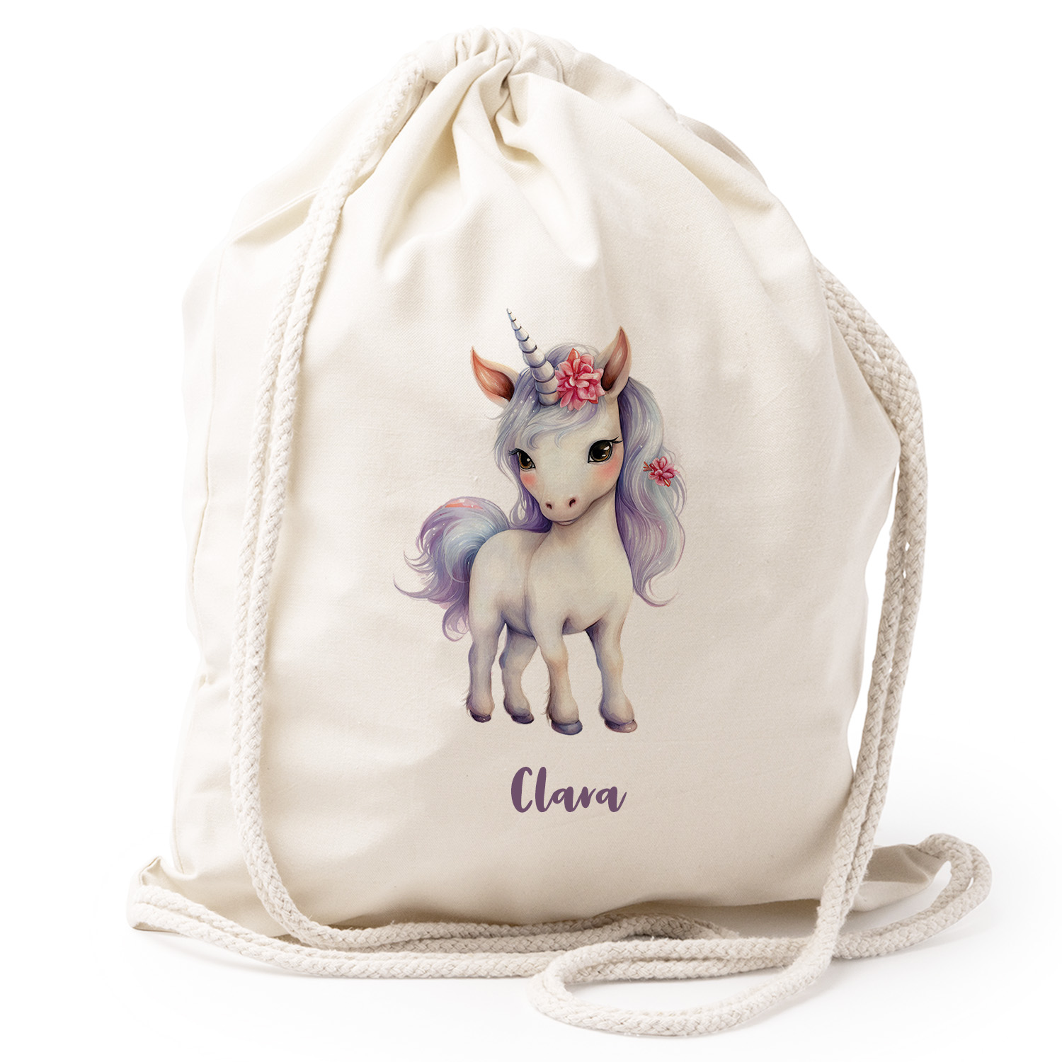 Turnbeutel Rucksack beige Nachhaltig Tasche Motiv: Einhorn-Clara personalisiert 