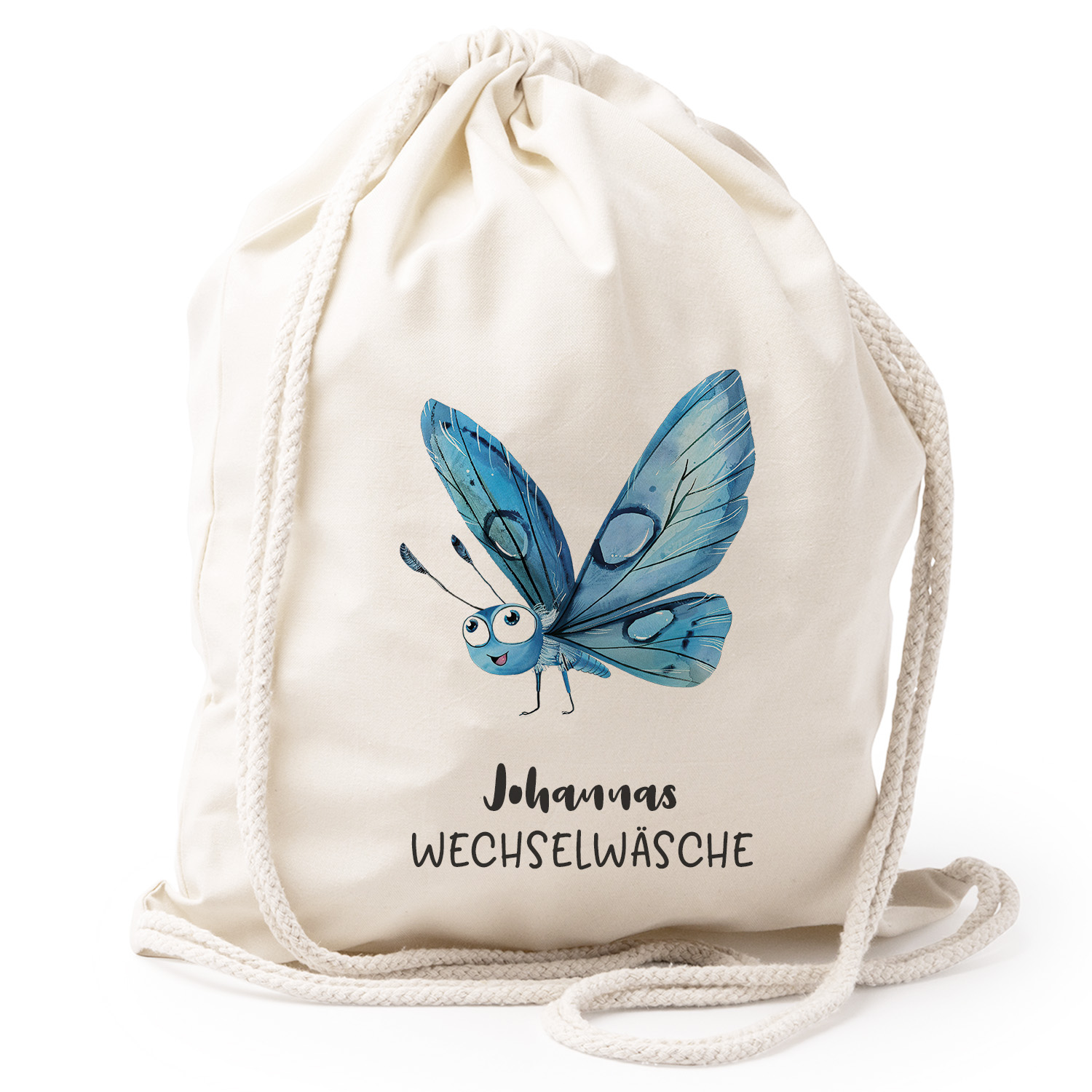 Turnbeutel Rucksack beige Nachhaltig Tasche Motiv: Schmetterling blau personalisiert 