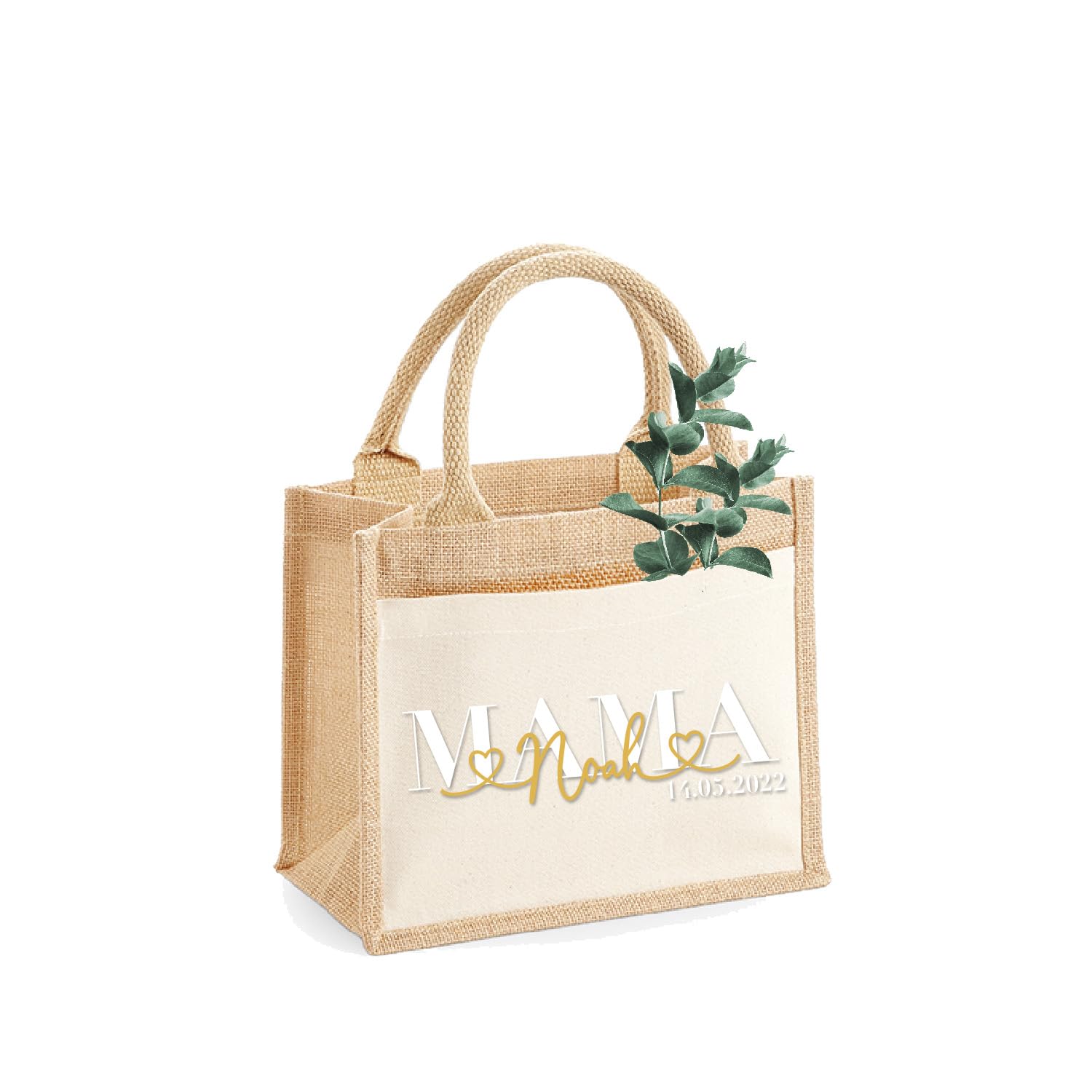 Jute-Tasche "MAMA Geburtsgeschenk Name & Datum Säugling" personalisiert | Größe S