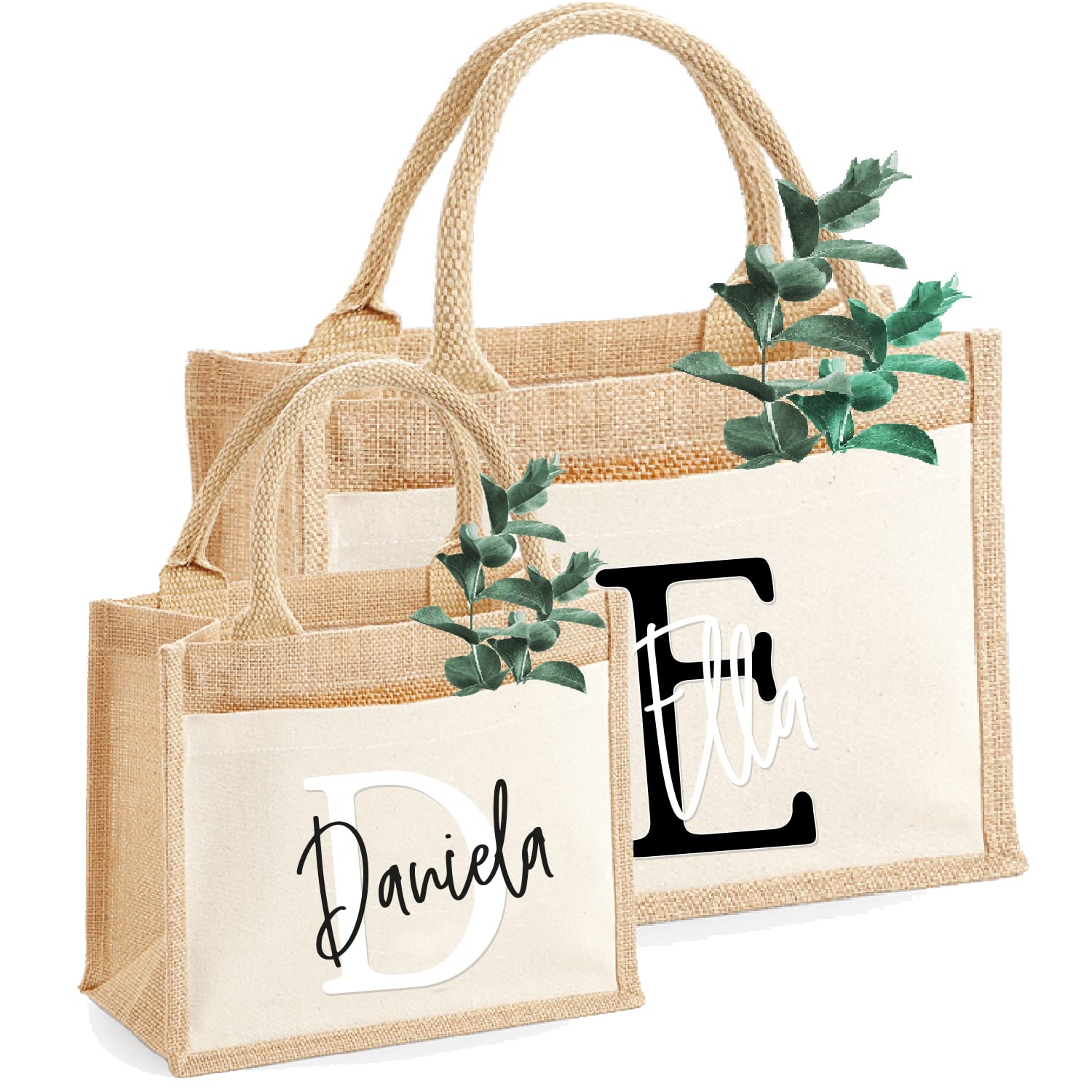 Jute-Tasche Motiv: Name & Initial bedruckt | personalisiert | Größe S & M