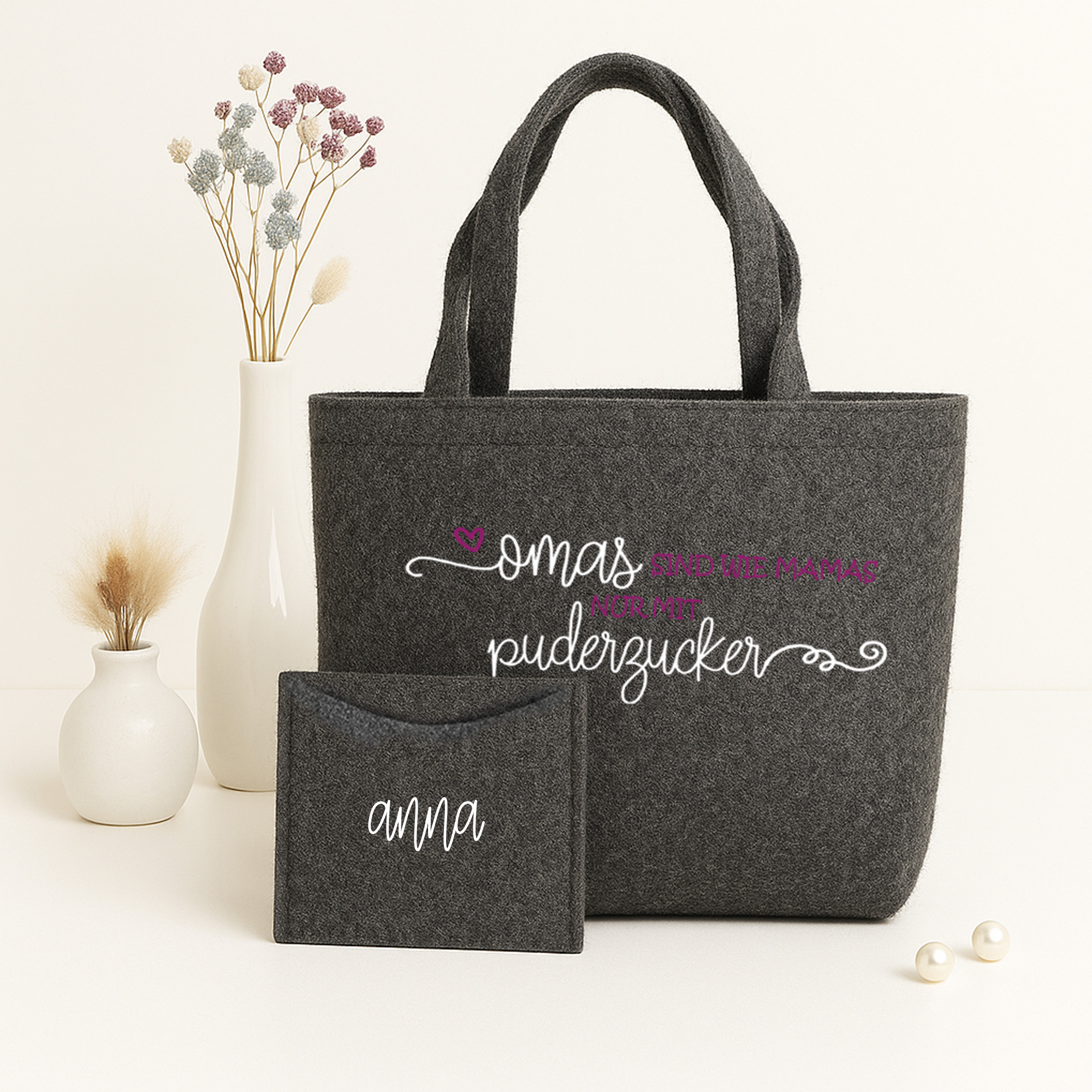 Filztasche grautöne nachhaltiger Shopper inkl. Innentasche | "Omas sind wie Mamas nur mit Puderzucker" V2