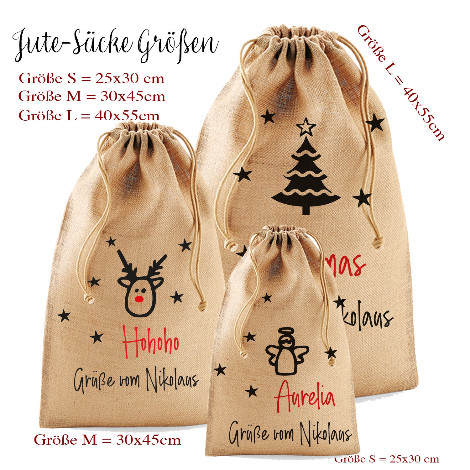 Jute-Nikolaussäckchen in 3 Motiven (Rentier, Engel, Baum) und 4 Größen | XS - L