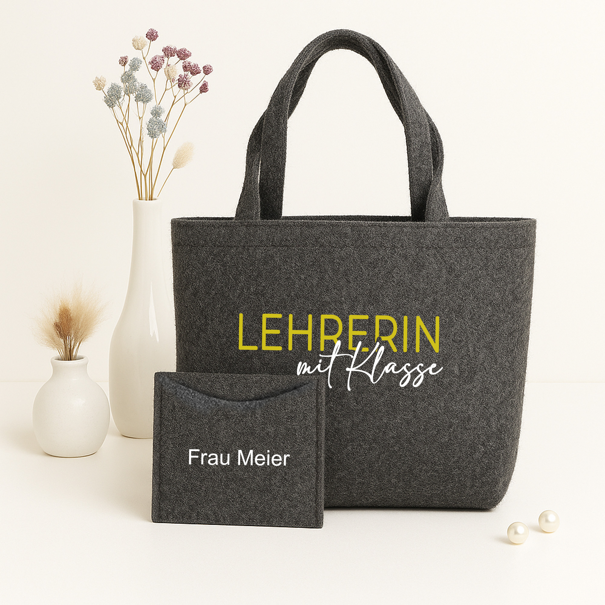 Filztasche grautöne nachhaltiger Shopper inkl. Innentasche | "Lehrerin mit Klasse" 