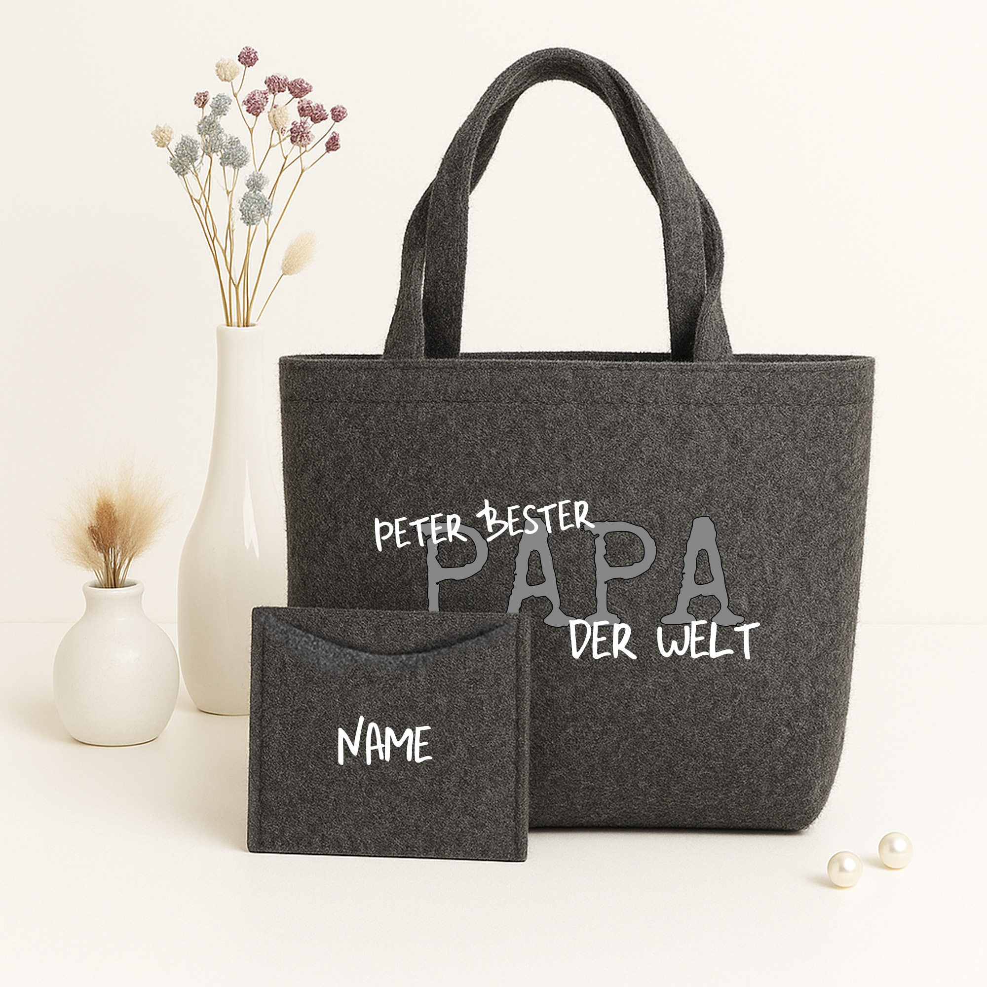 Filztasche nachhaltiger Shopper inkl. Innentasche Geschenk | Druck Bester Papa der Welt personalisiert mit KinderName