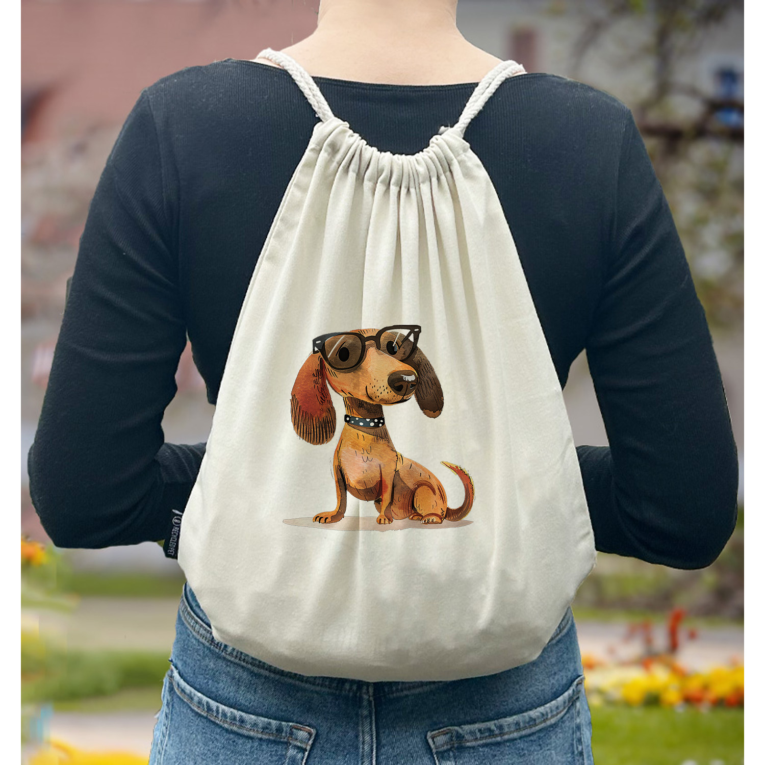 Turnbeutel Rucksack beige Nachhaltig Tasche Motiv: Dackel hell personalisiert 